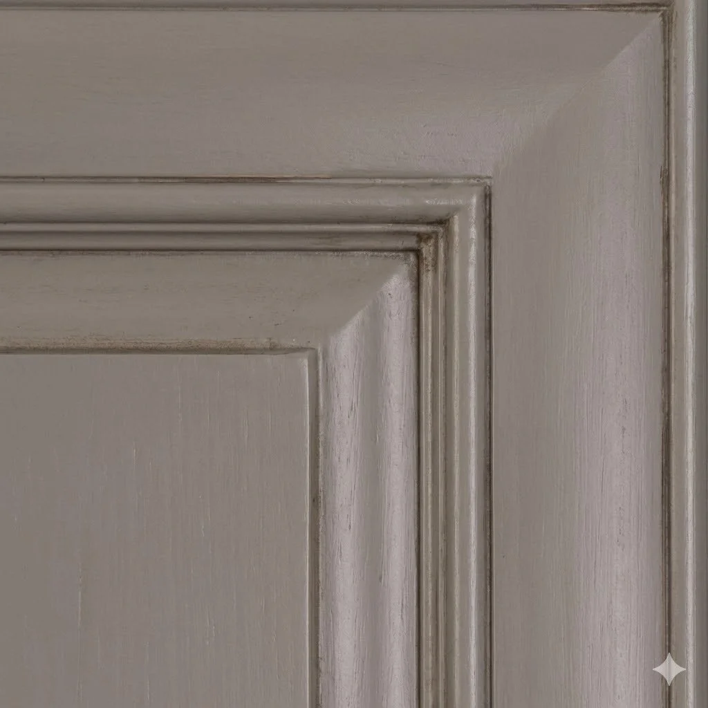 Close-up of a white wooden door with detailed molding and trim.
