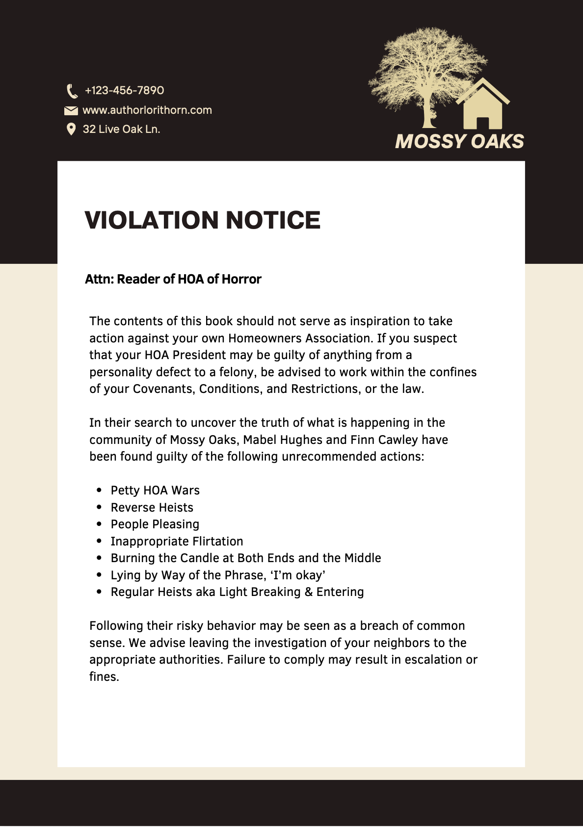Violation notice addressed to readers of the quirky romance, HOA of Horror.
