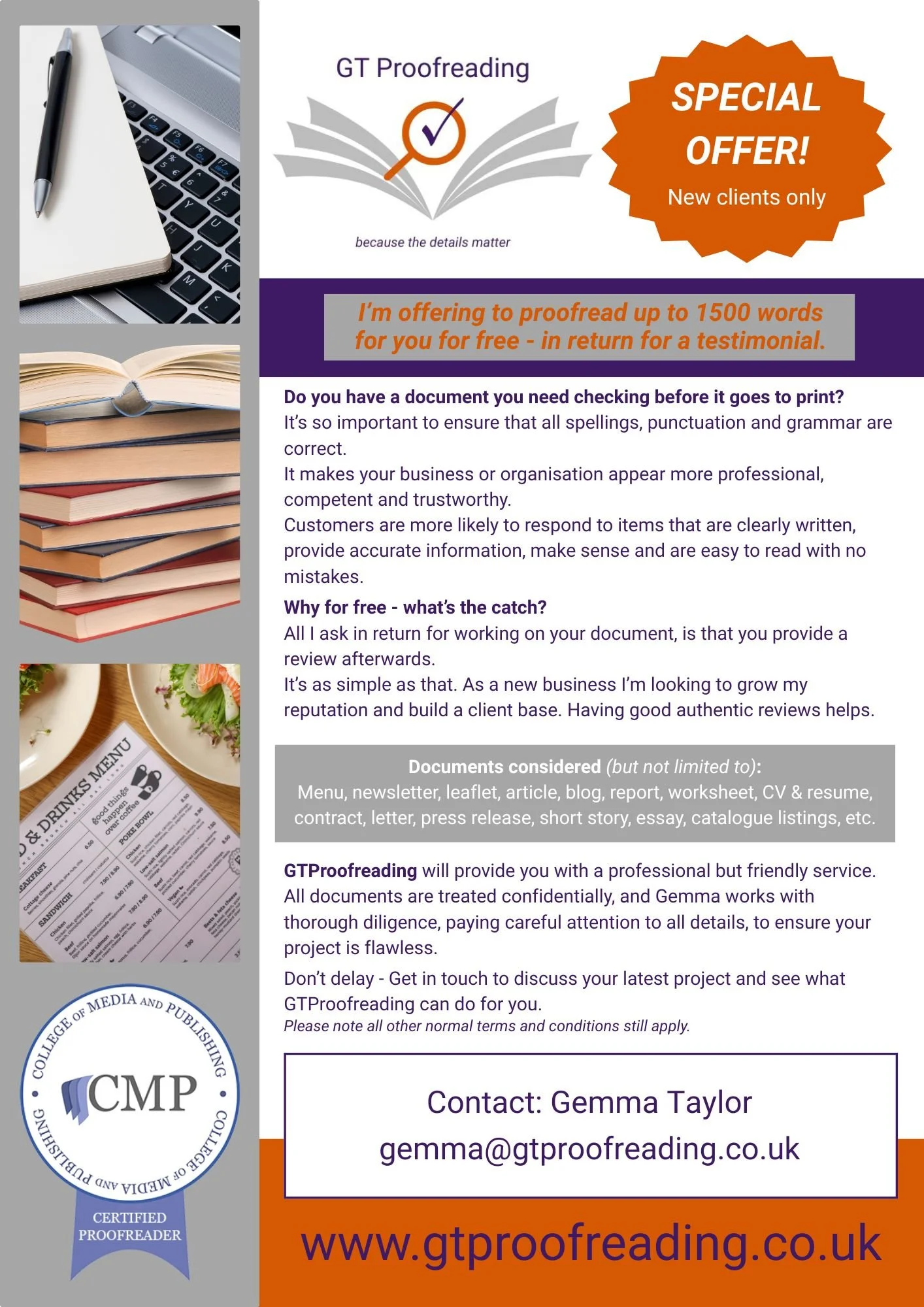 Flyer offereing proofreading in return for a testimonial