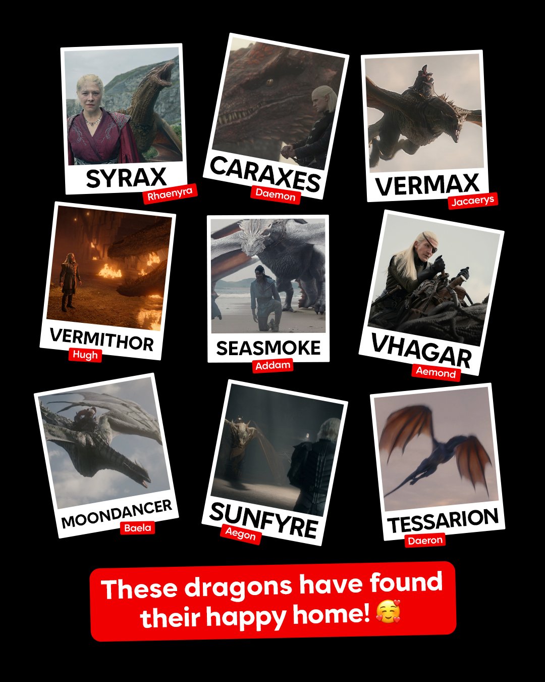 Collection of nine photos of various dragons, each labeled with their name and creator, with a caption at the bottom saying, 'These dragons have found their happy home!'