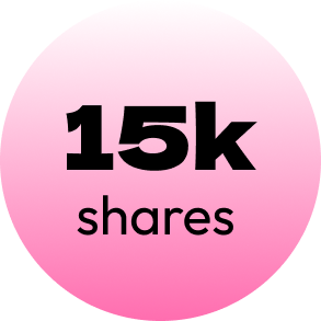 Pink circular badge with black text reading "15k shares"