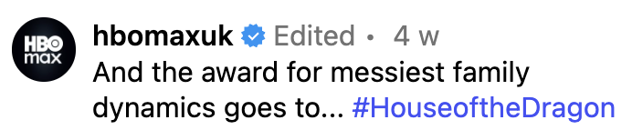 Text Post from HBO Max Twitter acknowledging an award for 'messiest family dynamics' related to #HouseoftheDragon'