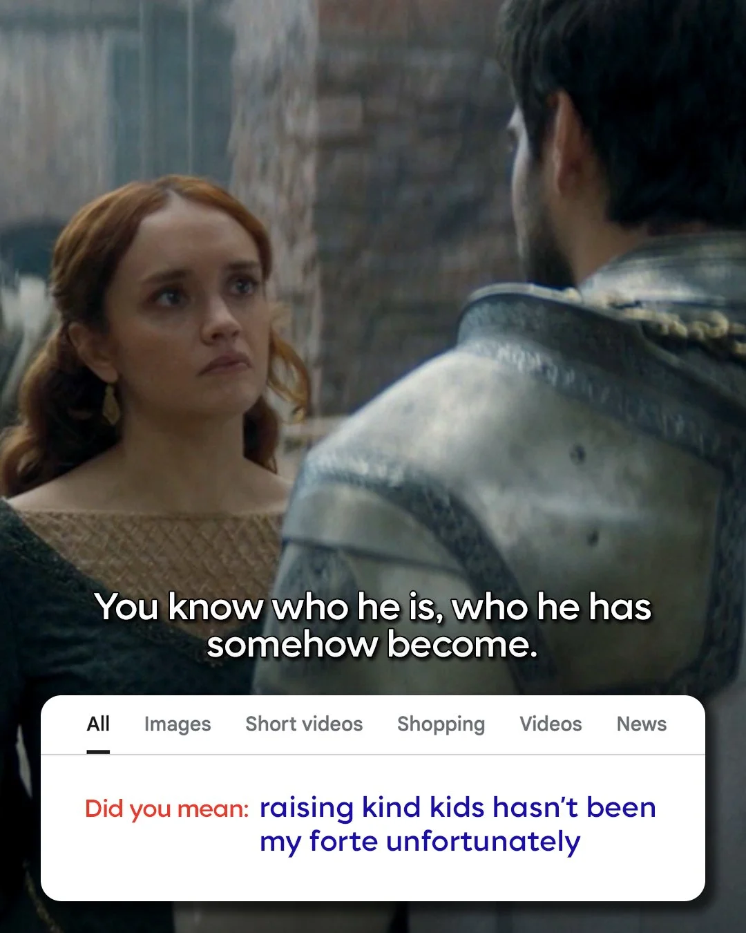 A woman with red hair and a man with dark hair and a beard conversing, with a stone wall in the background. Subtitles say, "You know who he is, who he has somehow become."