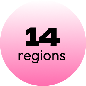 Pink circular graphic with the text '14 regions' in black.