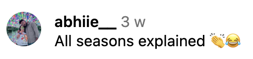 Text post stating, 'All seasons explained' with emojis clapping and laughing.