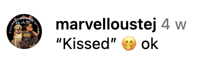 Social media post with the username 'marvelloustej' and text 'Kissed' with a kissing face emoji and the word 'ok'.