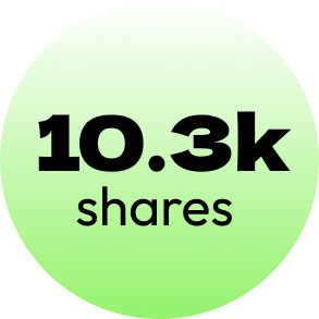 Green circular graphic displaying '10.3k shares' in bold black text.