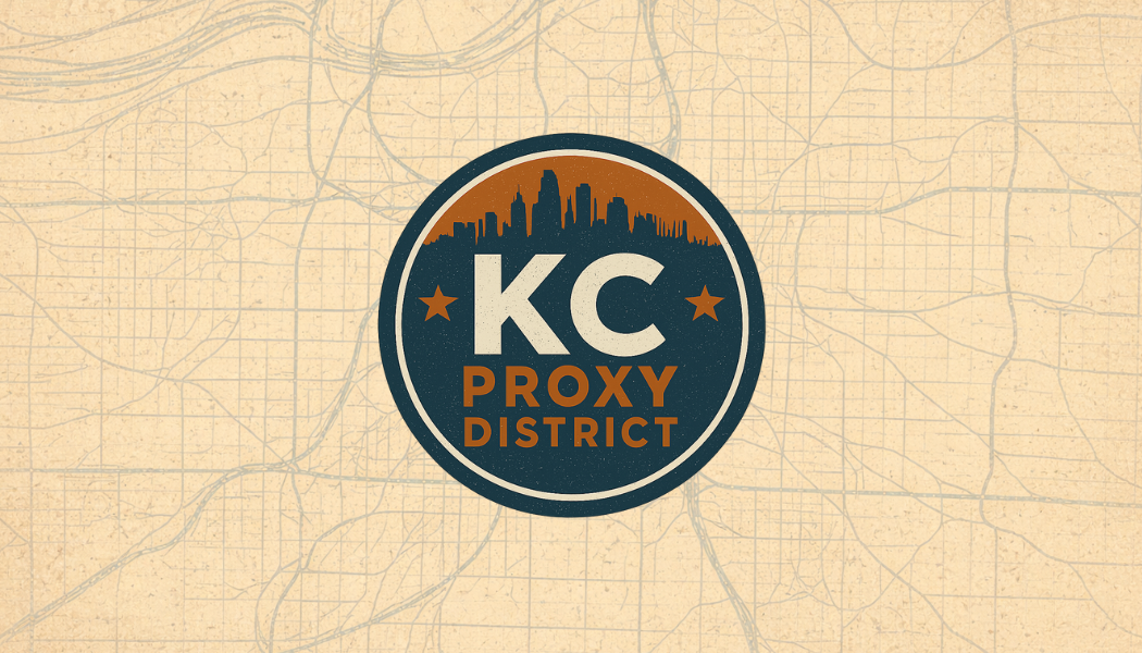 KC Proxy District - Kansas City Map background with a distressed stamp logo and the KC skyline