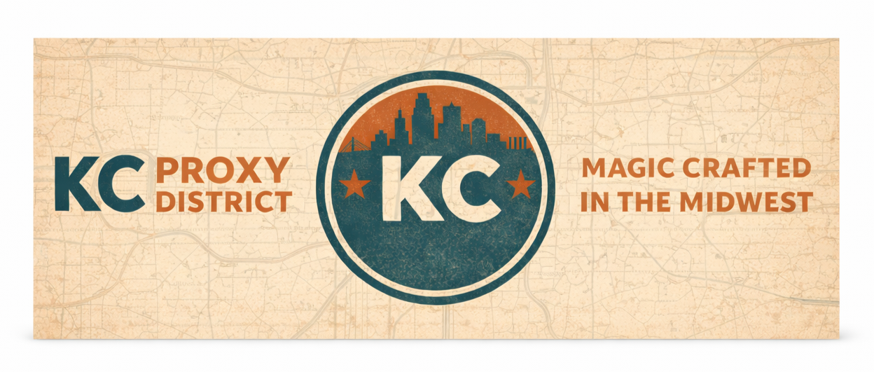 KC Proxy District - Kansas City Map background featuring a distressed circular stamp logo featuring a KC skyline, stars, and a vintage style background.
