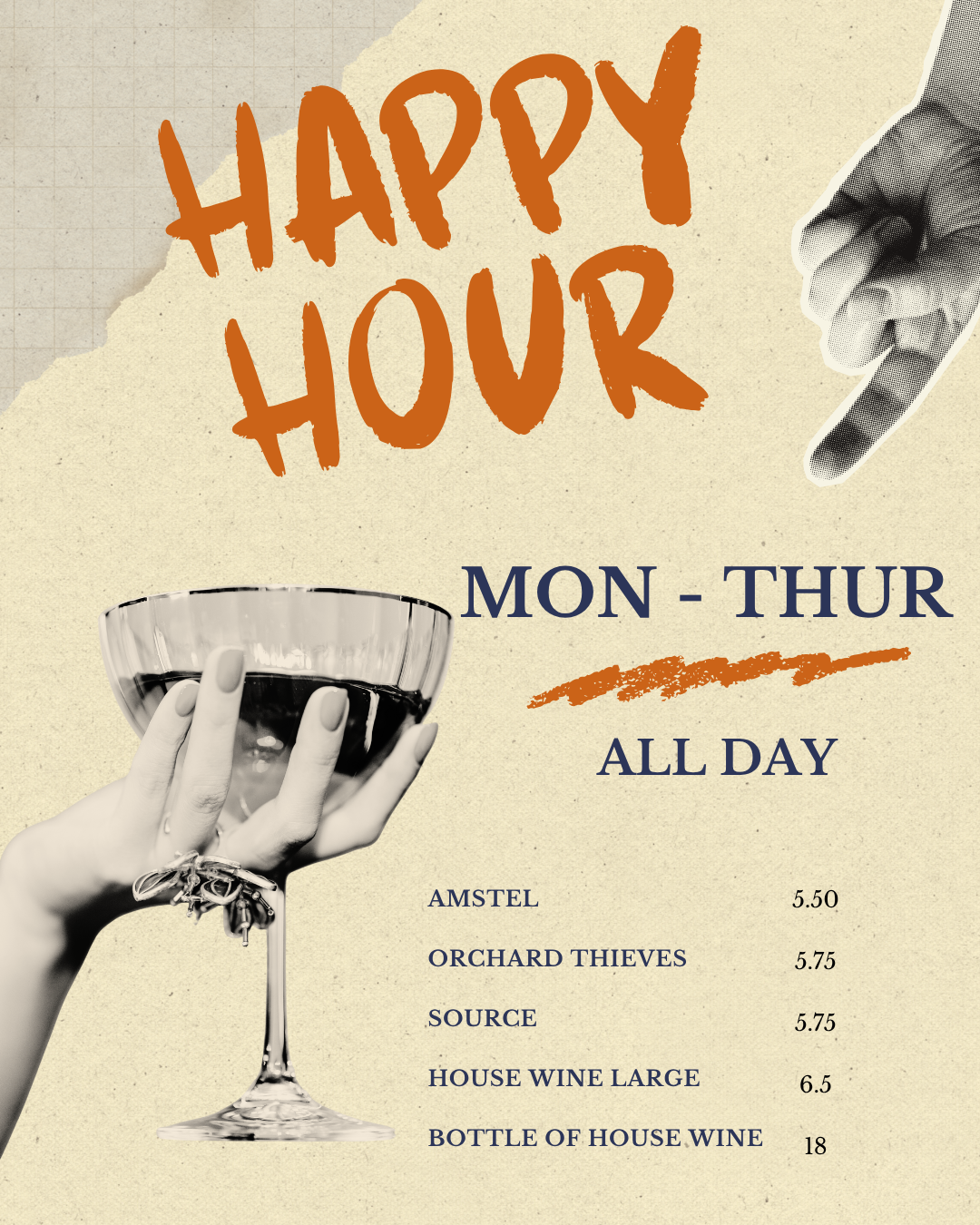 Happy Hour drinks deal at The Great Exhibition pub, East Dulwich — discounted beer and wine Monday to Thursday