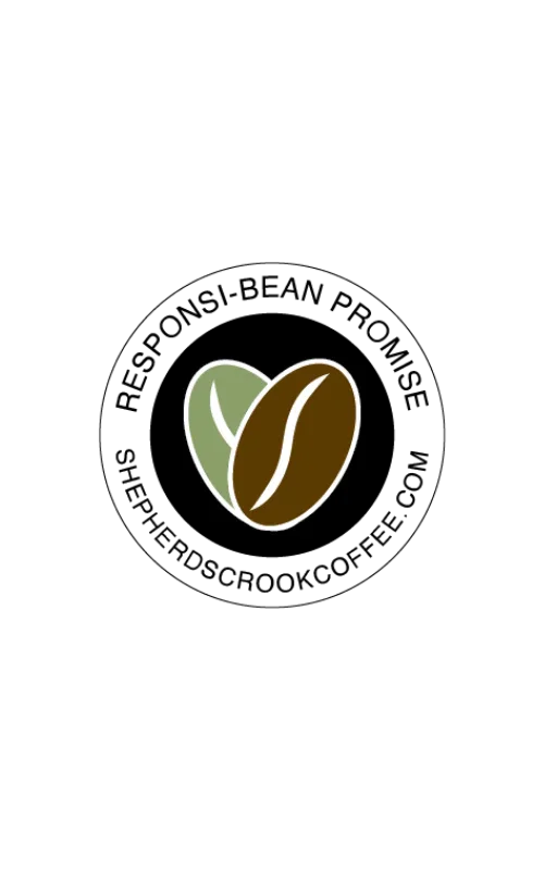 A logo featuring a stylized coffee bean with half in green and half in brown, on a black background.