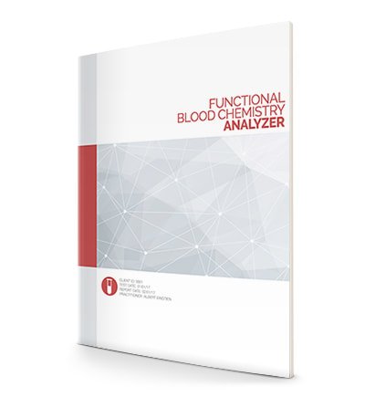 Book titled 'Functional Blood Chemistry Analyzer' with a white cover, red accent, and a geometric pattern.
