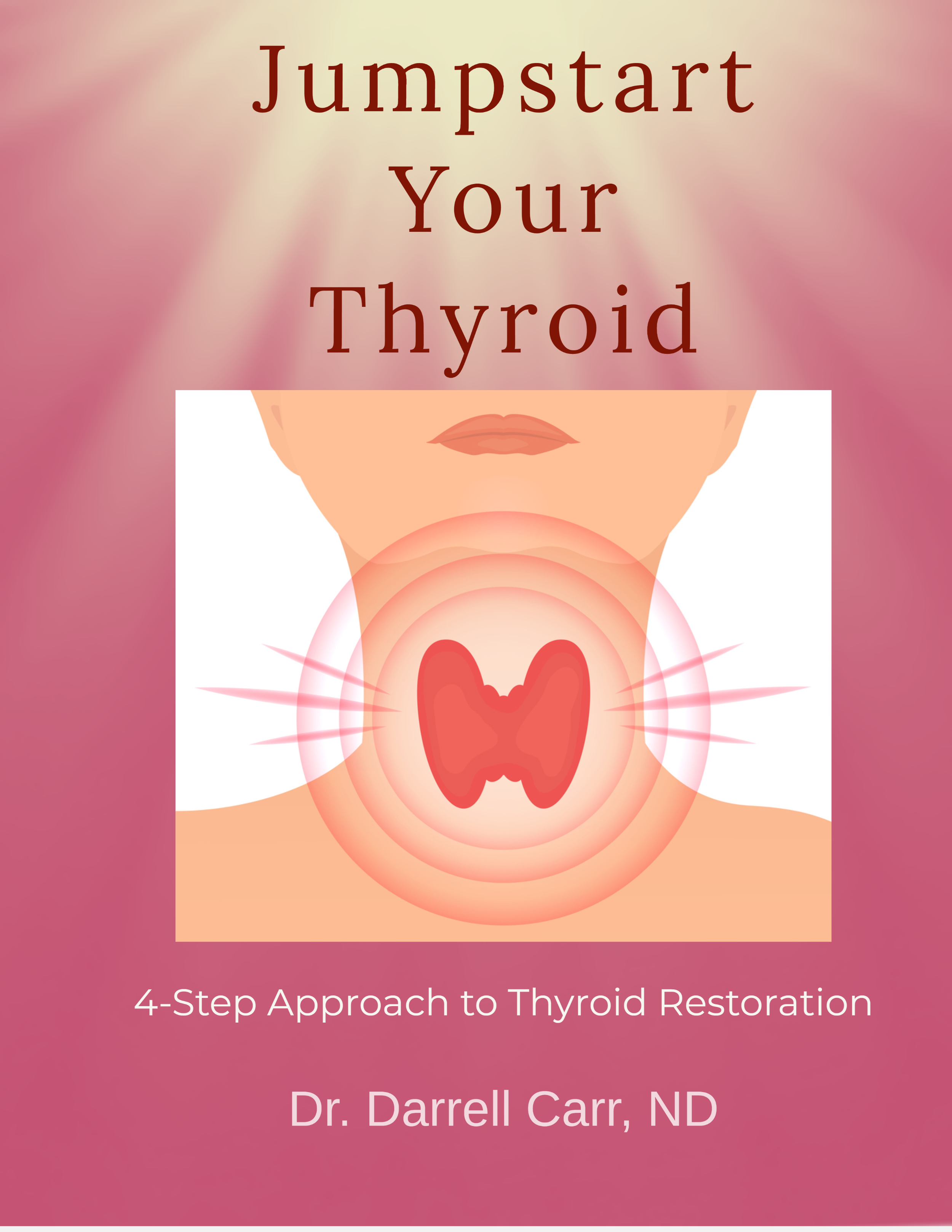 Book cover titled 'Jumpstart Your Thyroid' with an illustration of a face and thyroid gland, author Dr. Darrell Carr, ND