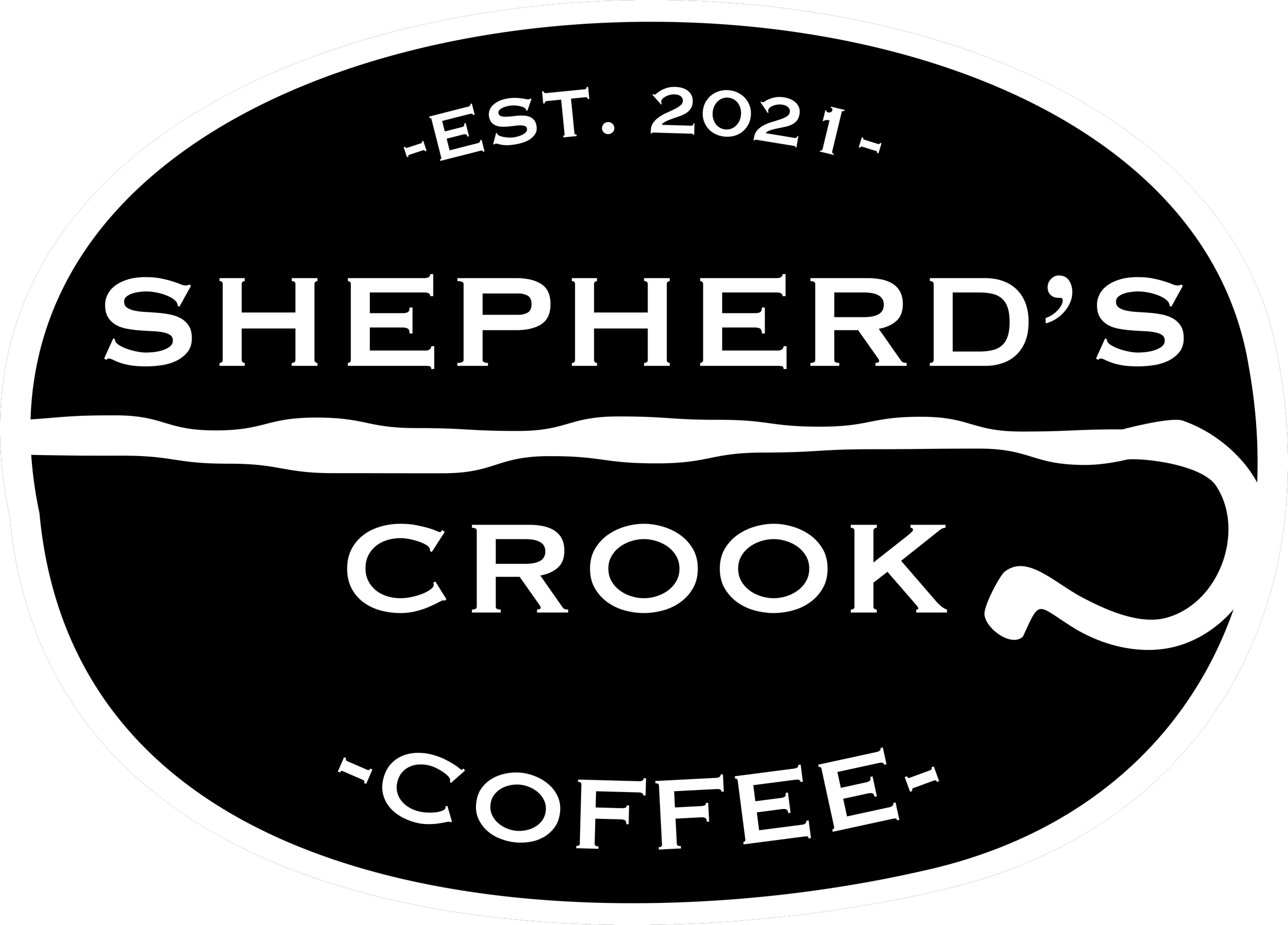 A black and white circular logo for Shepherd's Coffee, established in 2021, with a stylized coffee cup and waves.