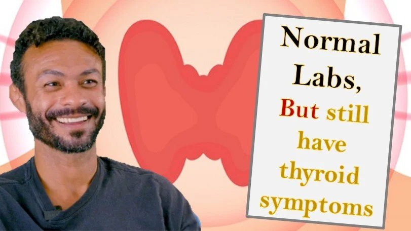 Dr. Carr in front of an illustrated thyroid gland and a sign that reads 'Normal Labs, But still have thyroid symptoms'.