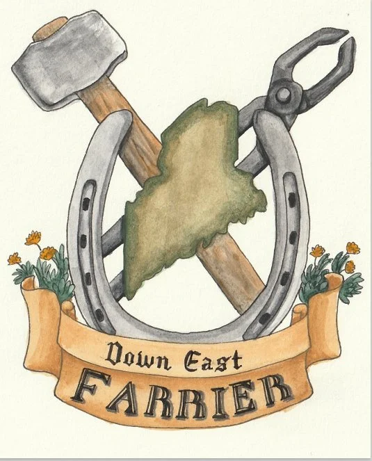 A tattoo design featuring a hammer, horseshoe, and a map of West Virginia with a ribbon banner reading "Down East FARRIER," surrounded by orange flowers.