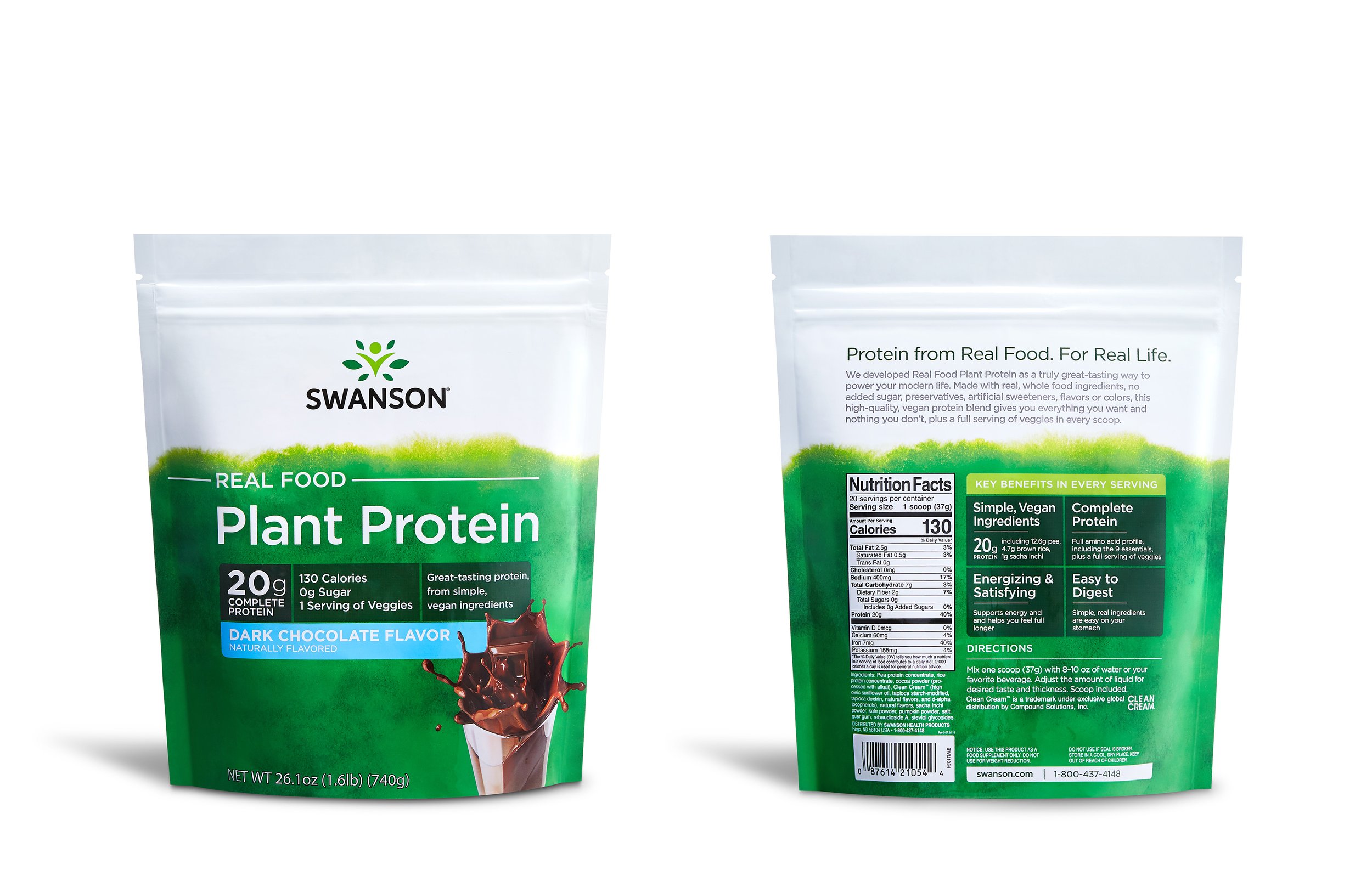 A green and white package of Swanson plant protein powder with nutritional information and flavor details on the back.