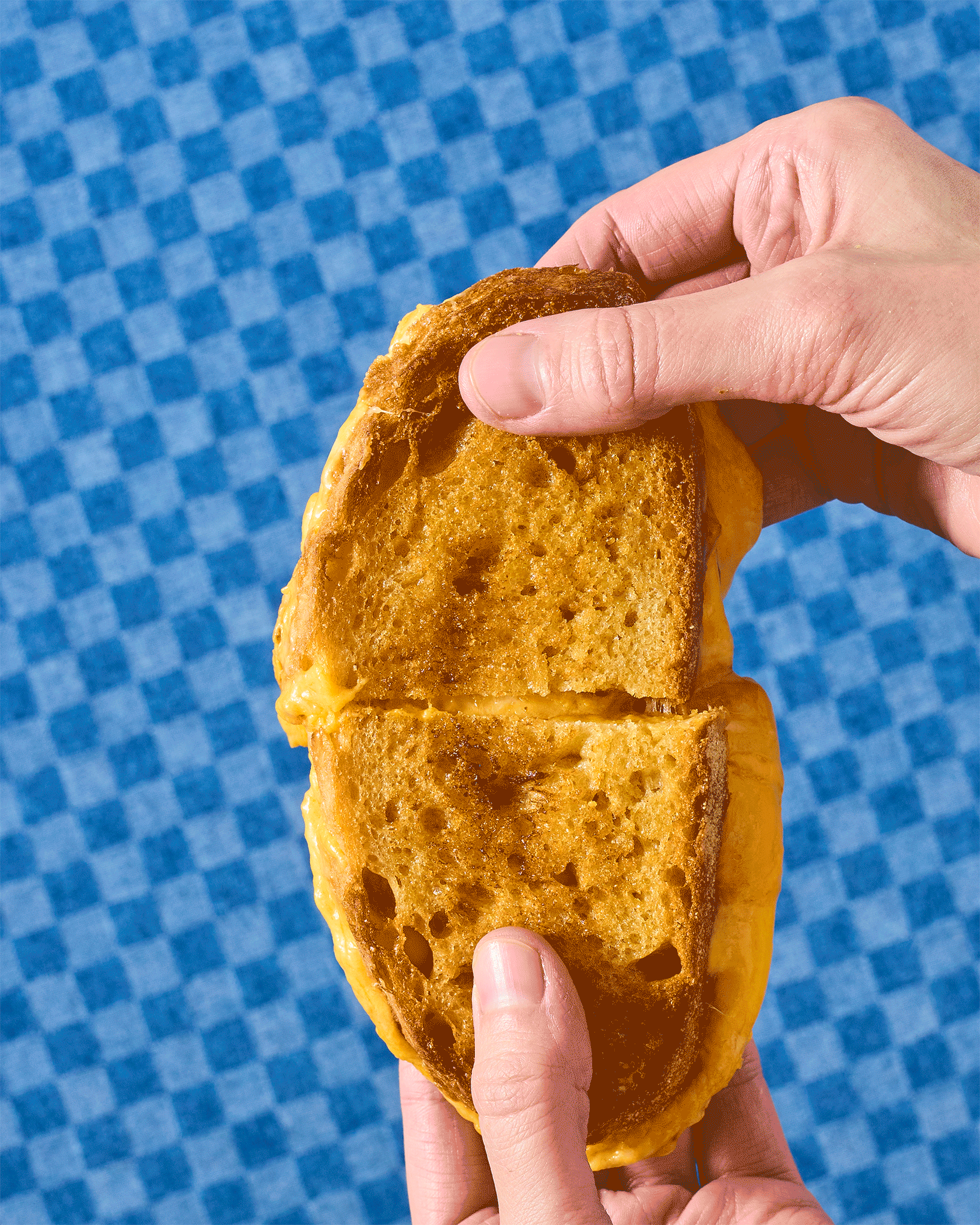 Grilled cheese being pulled apart over top a blue checkered background.