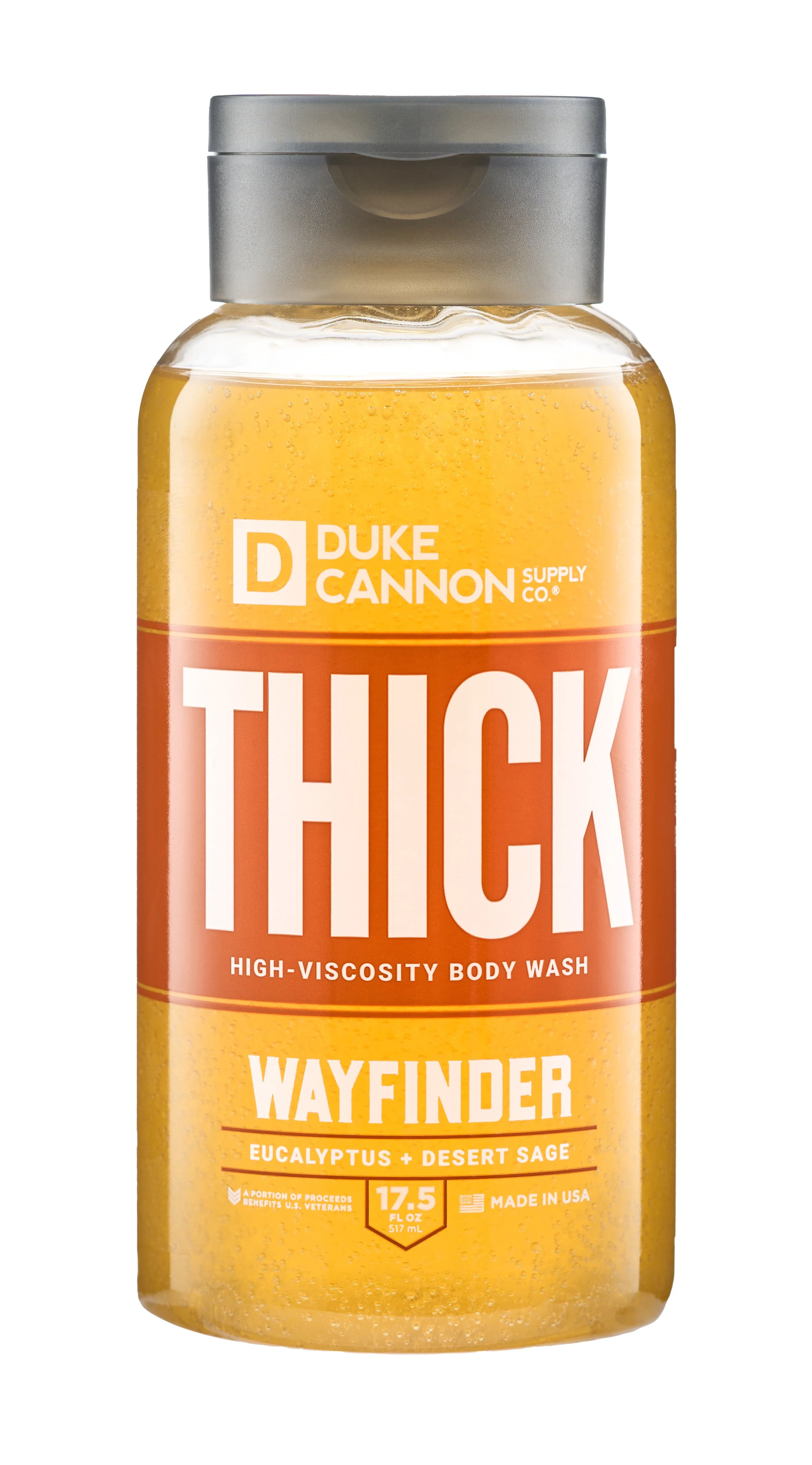 Yellow-orange container of Duke Cannon Thick Wayfinder body wash with eucalyptus and desert sage scent, 17.5 fl oz