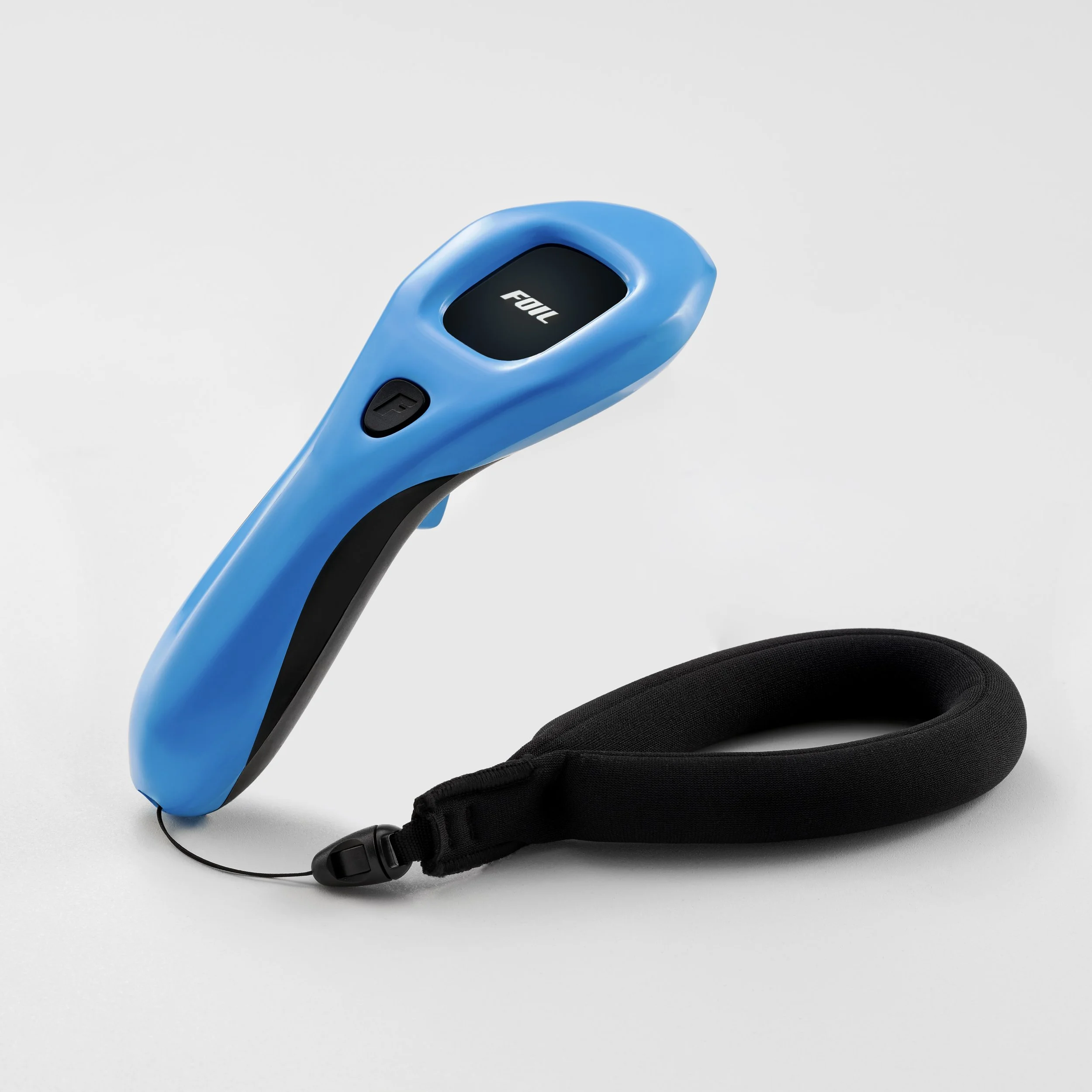 A blue hand sanitizer dispenser with a black display screen and the word 'FOIL' on it, attached to a black strap with a plastic clip.