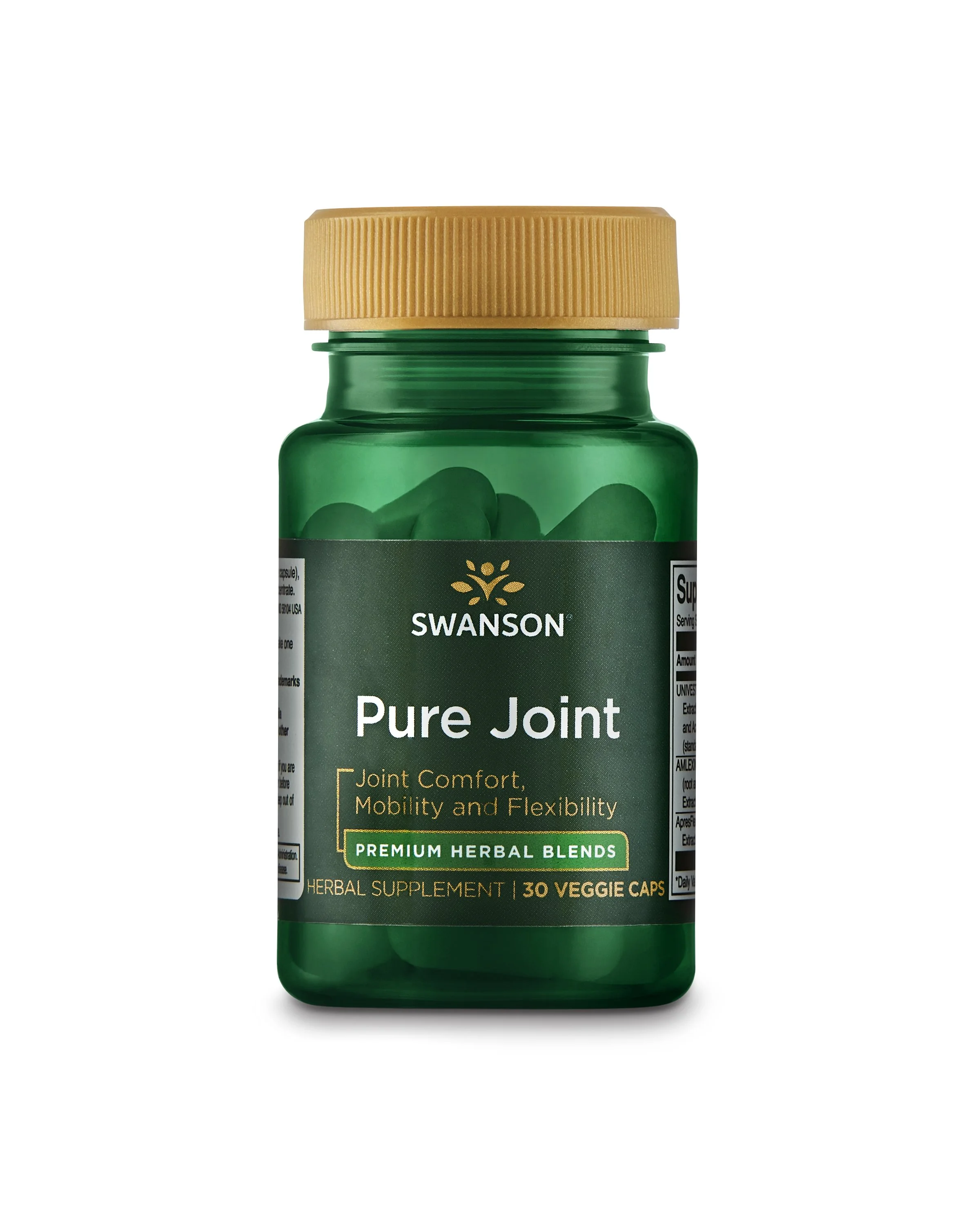 Green bottle of Swanson Pure Joint herbal supplement with beige screw cap and label