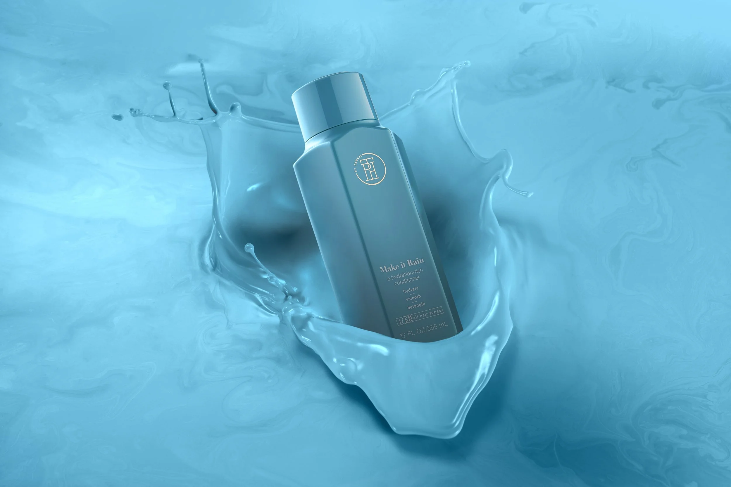 Blue bottle of 'Make It Rain' conditioner submerged in blue liquid splash.