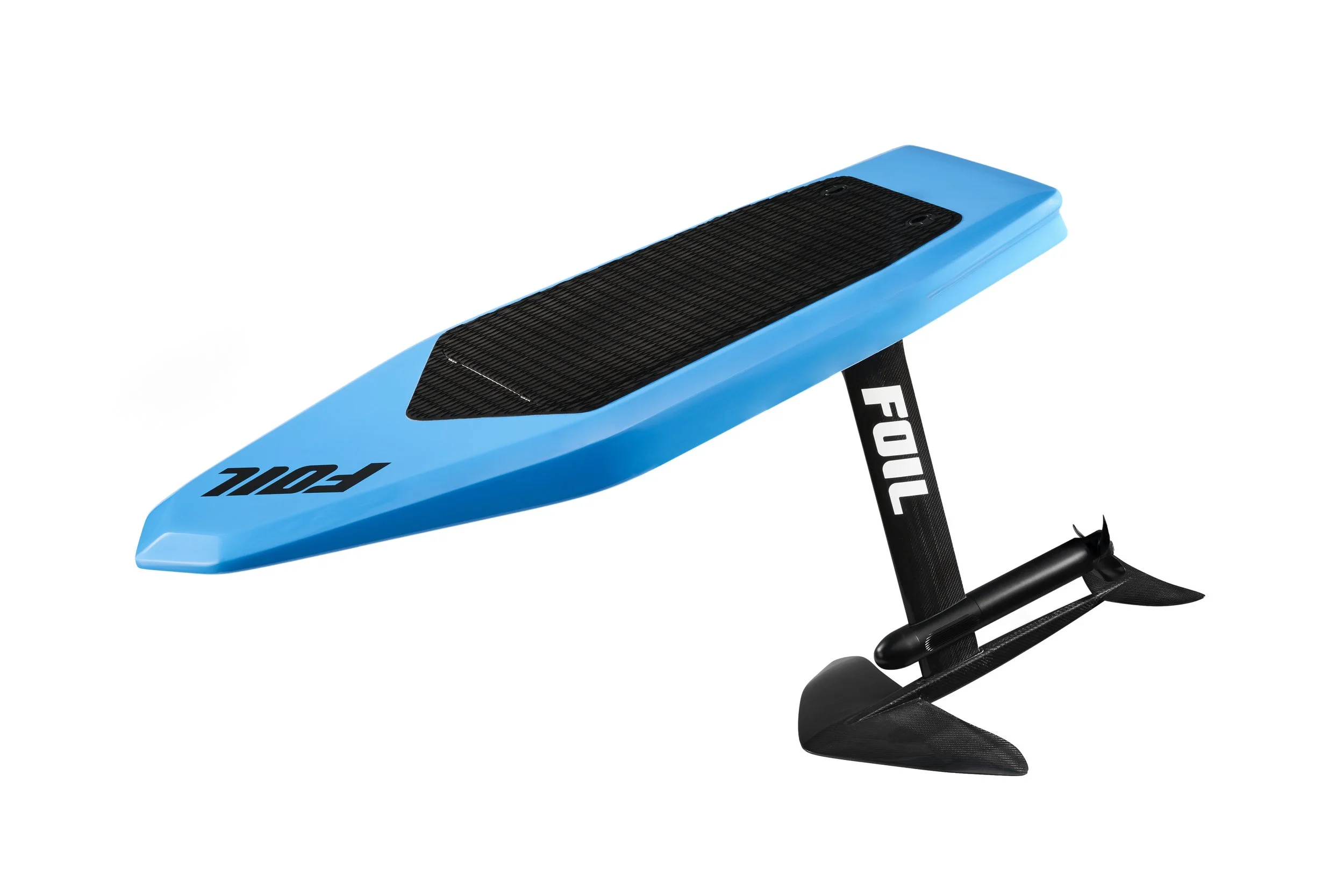 Blue racing kayak with black textured deck and black footrest, isolated on white background.