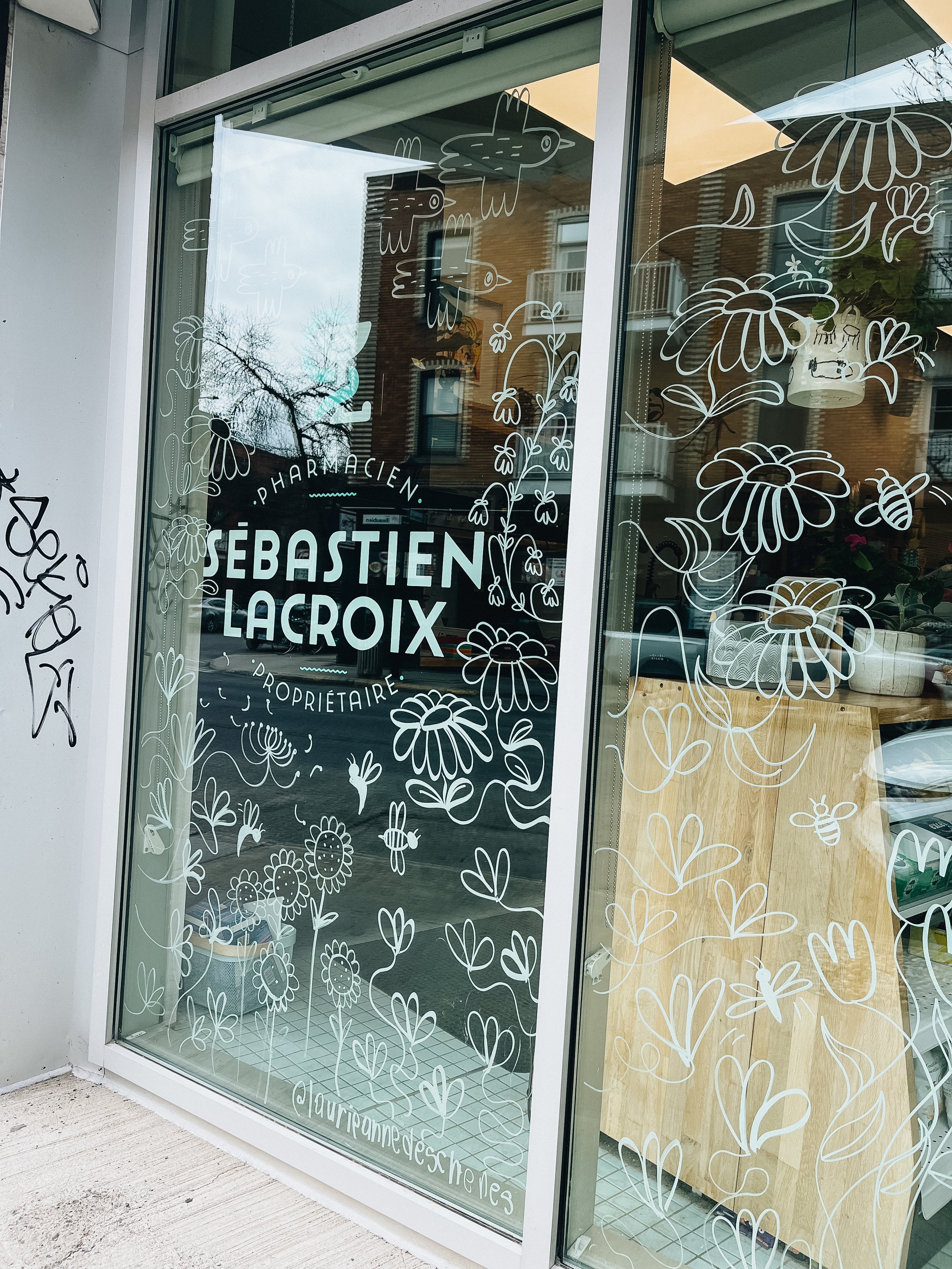 Vitrine de pharmacie avec des dessins de fleurs, abeilles, oiseaux et papillons en peinture blanche, avec nom 'Sébastien Lacroix' et Twitter '@laurianne_des_notes'.