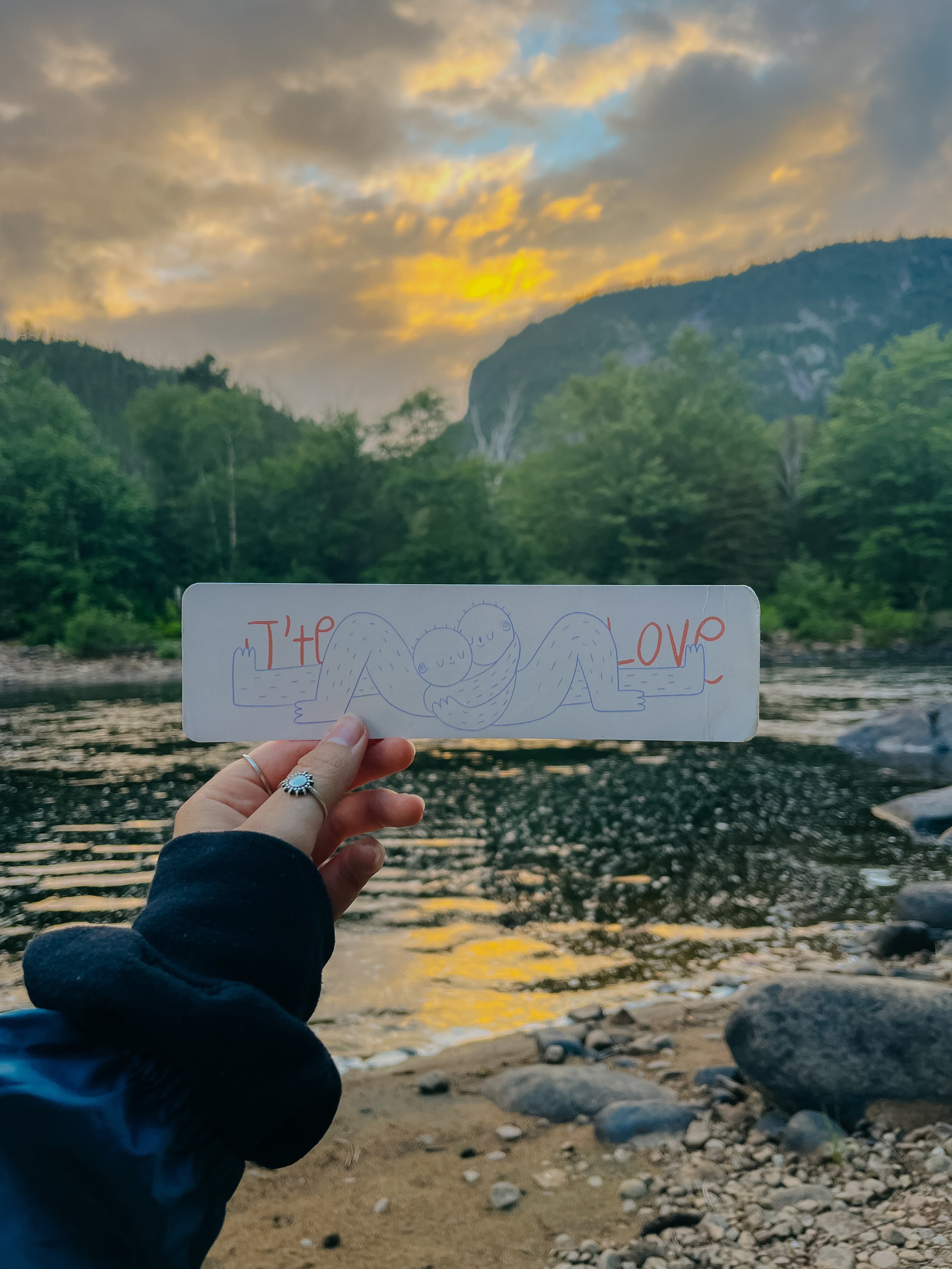 Une main tenant une affiche avec un dessin de deux figures humaines entrelacées, entourant le texte "T HE LOVE" en devant un paysage de rivière, rochers, et montagnes sous un ciel nuageux au coucher du soleil.