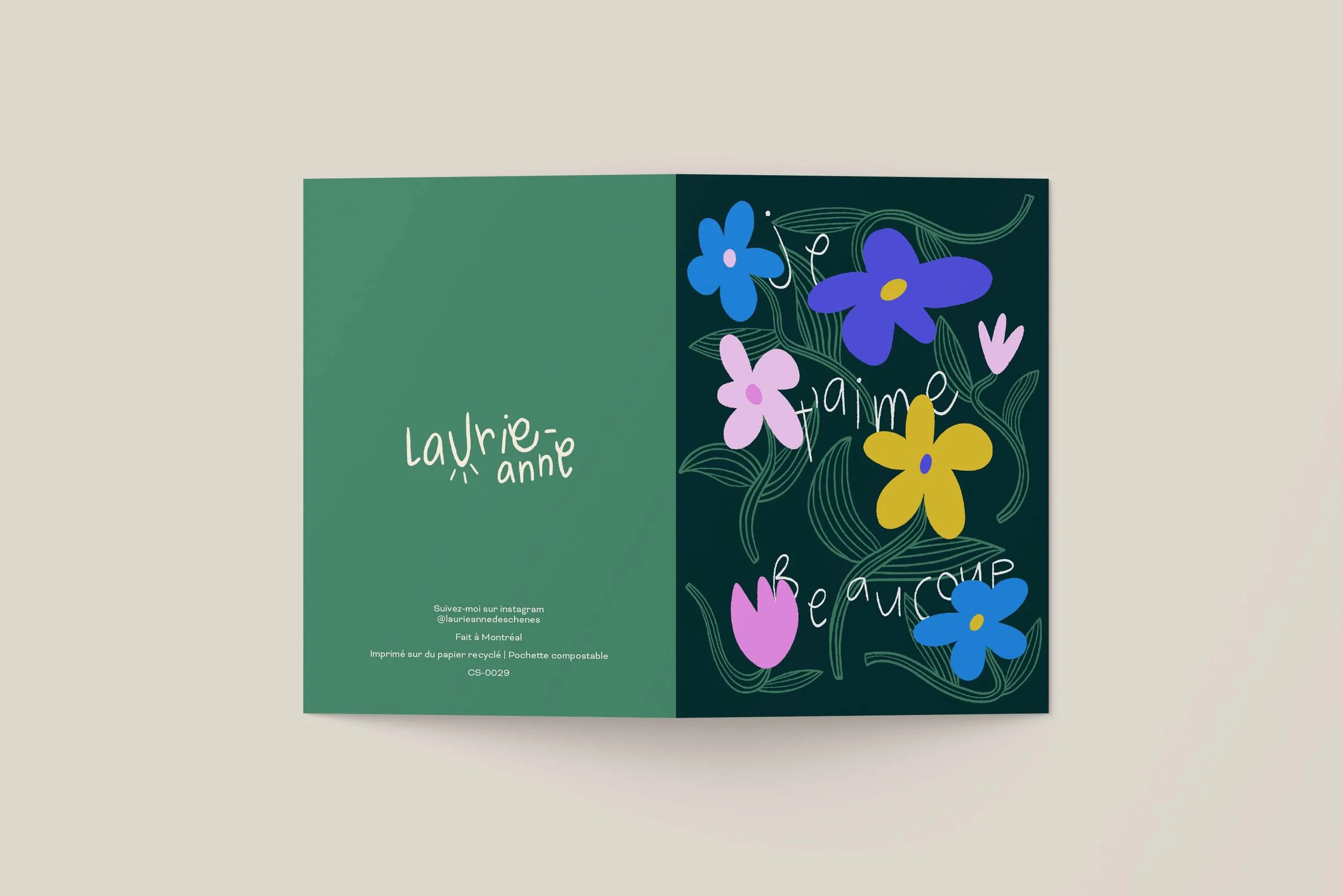 Carte de souhait illustrée | Illustration douce et minimaliste – Je t'aime beaucoup (fleurs)