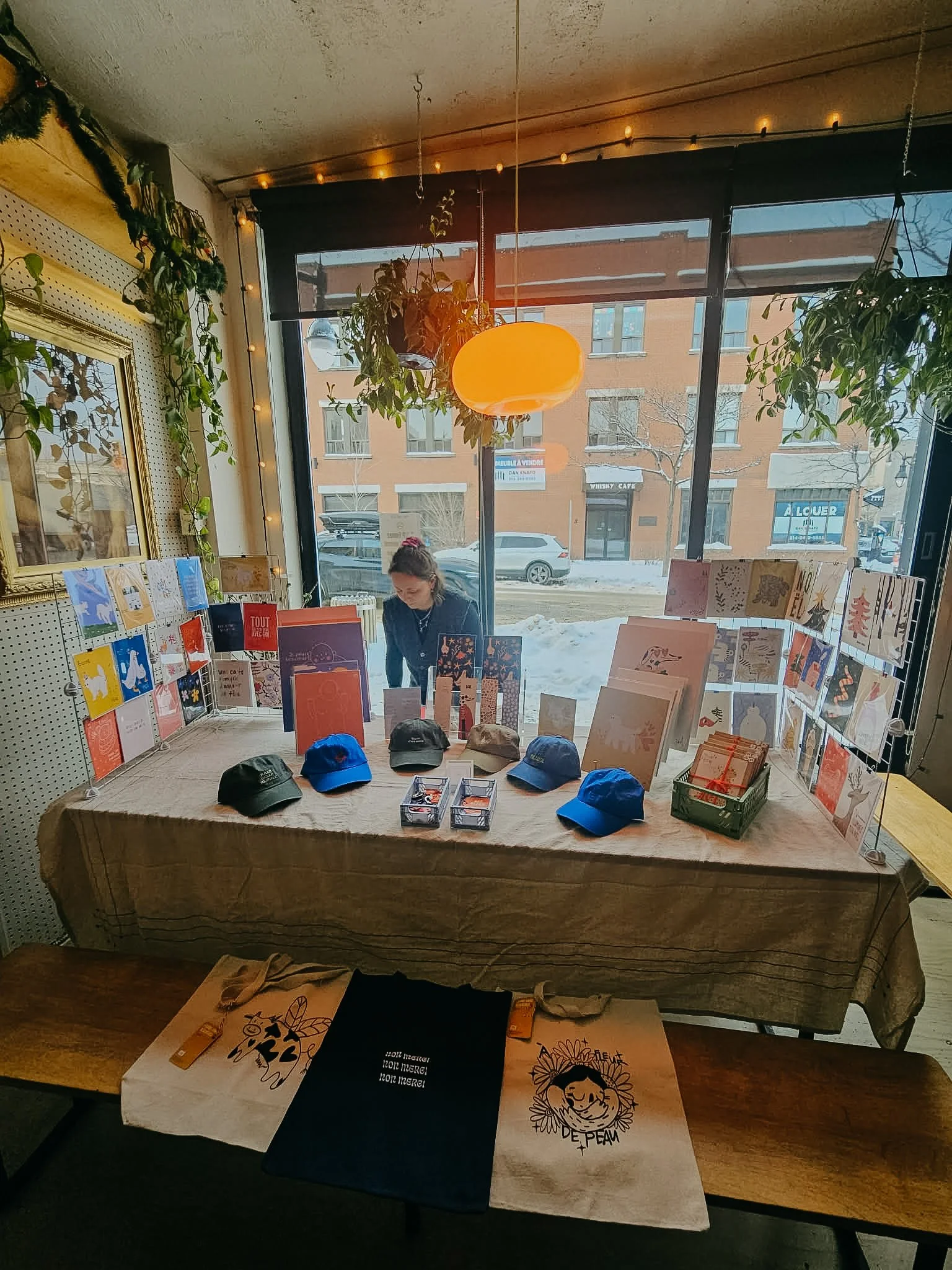 Tableau d'une boutique avec des journaux, casquettes, livres et cartes de vœux, une femme regarde à travers la fenêtre, décor avec des plantes suspendues et des guirlandes lumineuses, vue urbaine extérieure.