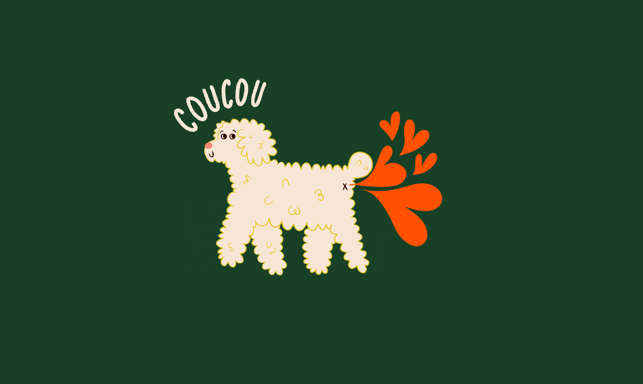 Illustration d'un chien qui pète, avec des cœurs orange sortant de sa derrière et le mot 'Coucou' au-dessus de sa tête, sur un fond vert.