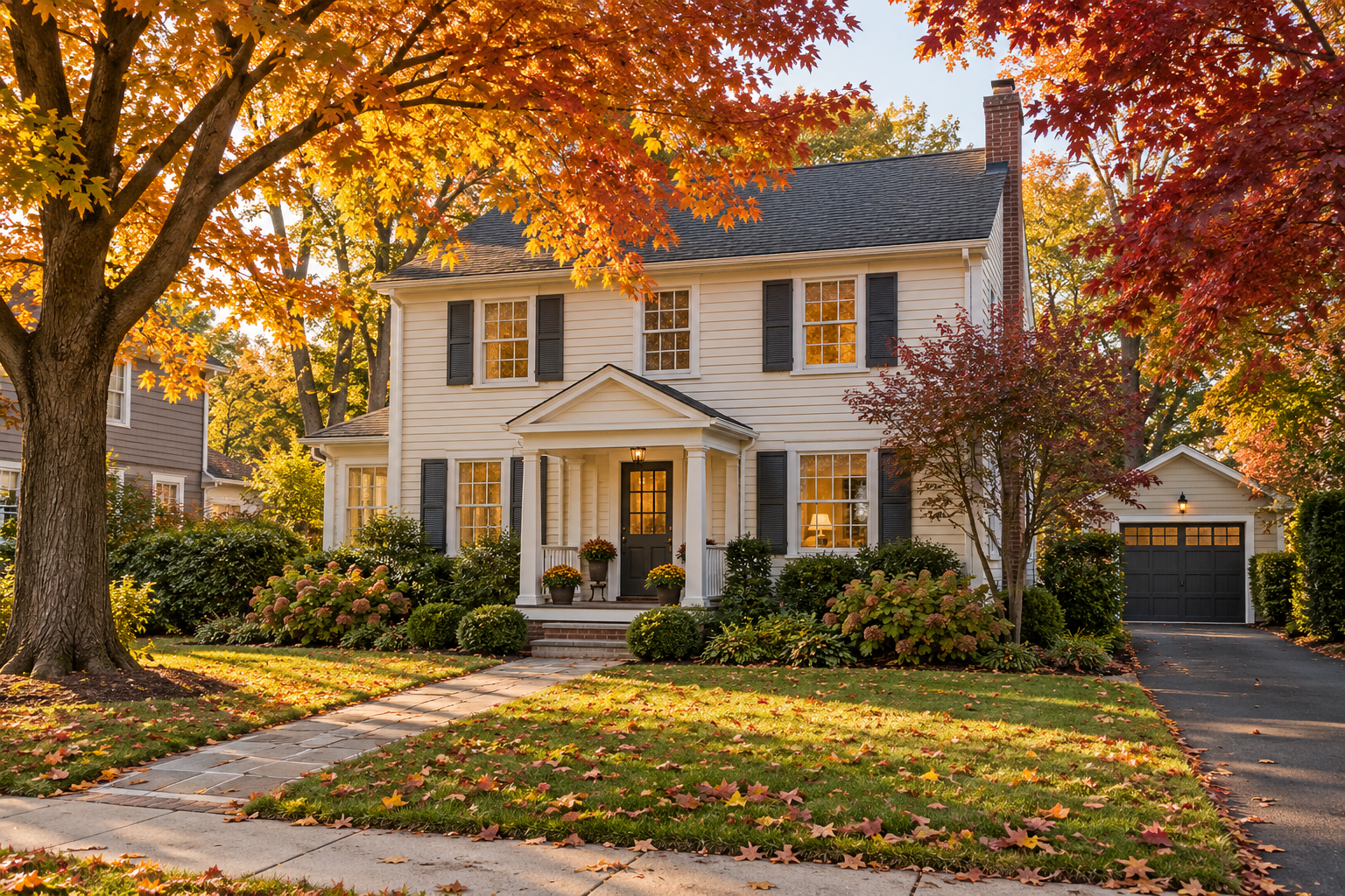A two-story house with white siding, black shutters, and a dark door at the center. The house is surrounded by trees with orange, red, and yellow fall leaves, some fallen on the grass and sidewalk. There are bushes and flowers in front, and a driveway leading to a garage with a black door on the right.
