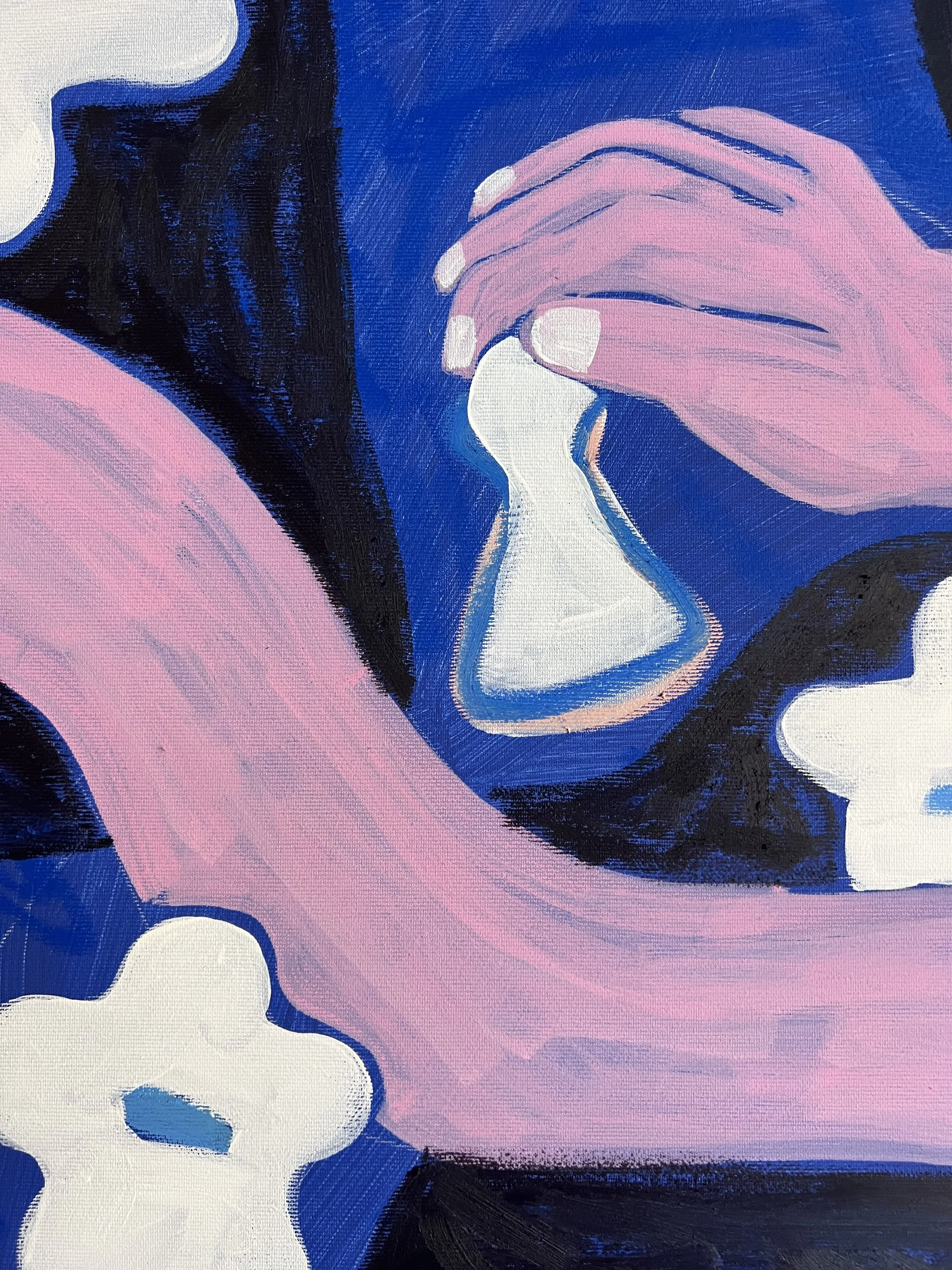 Abstraktes Gemälde mit Händen, eine tut einen Kuss auf den Hals der anderen, mit Blau, Rosa und Schwarz