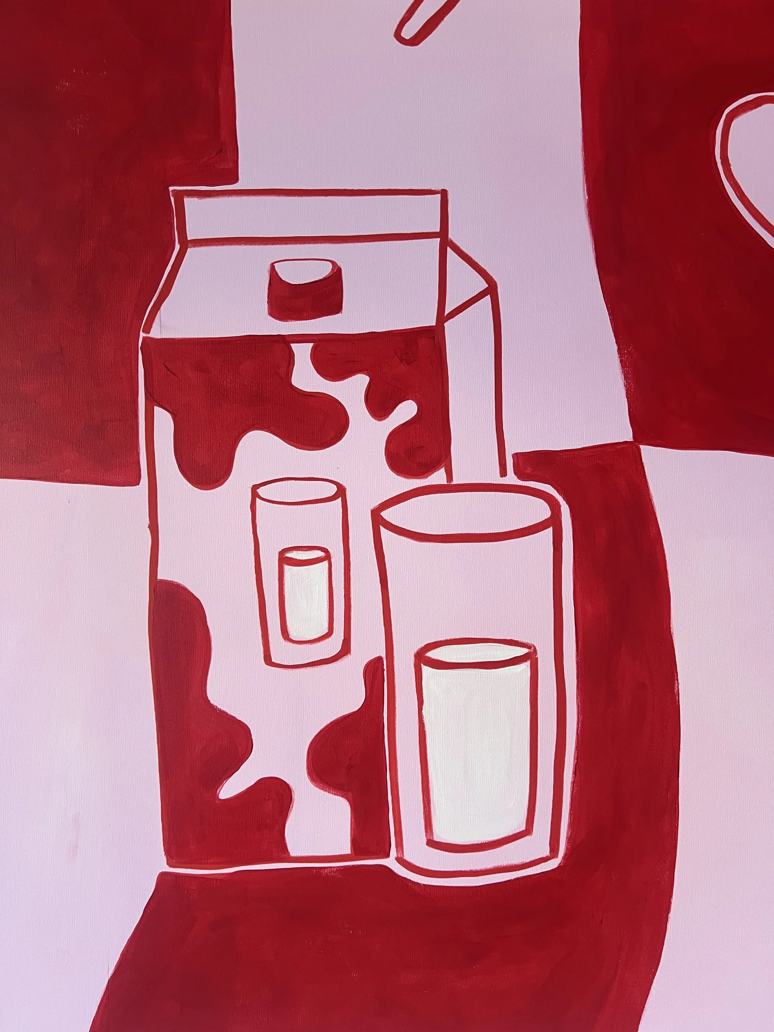 Linienzeichnung mit roten und weißen Flächen, zeigt eine Getränkekiste und zwei Gläser, eines gefüllt mit einer weißen Substanz, auf einem roten Tisch.