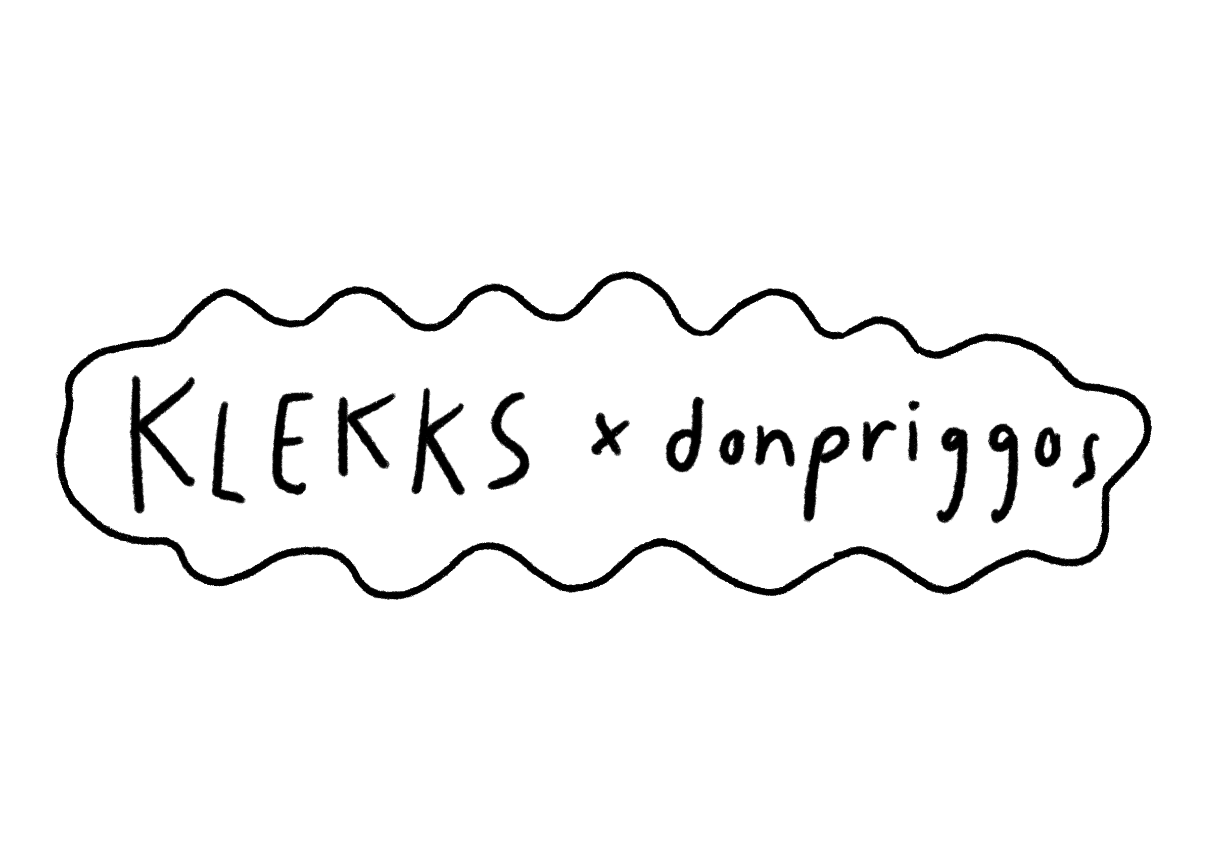 Schwarzer Hintergrund mit weißem, handgezeichnetem Sprechblasen-ähnlichem Element, das den Schriftzug 'KLECKS x donpriggs' enthält.