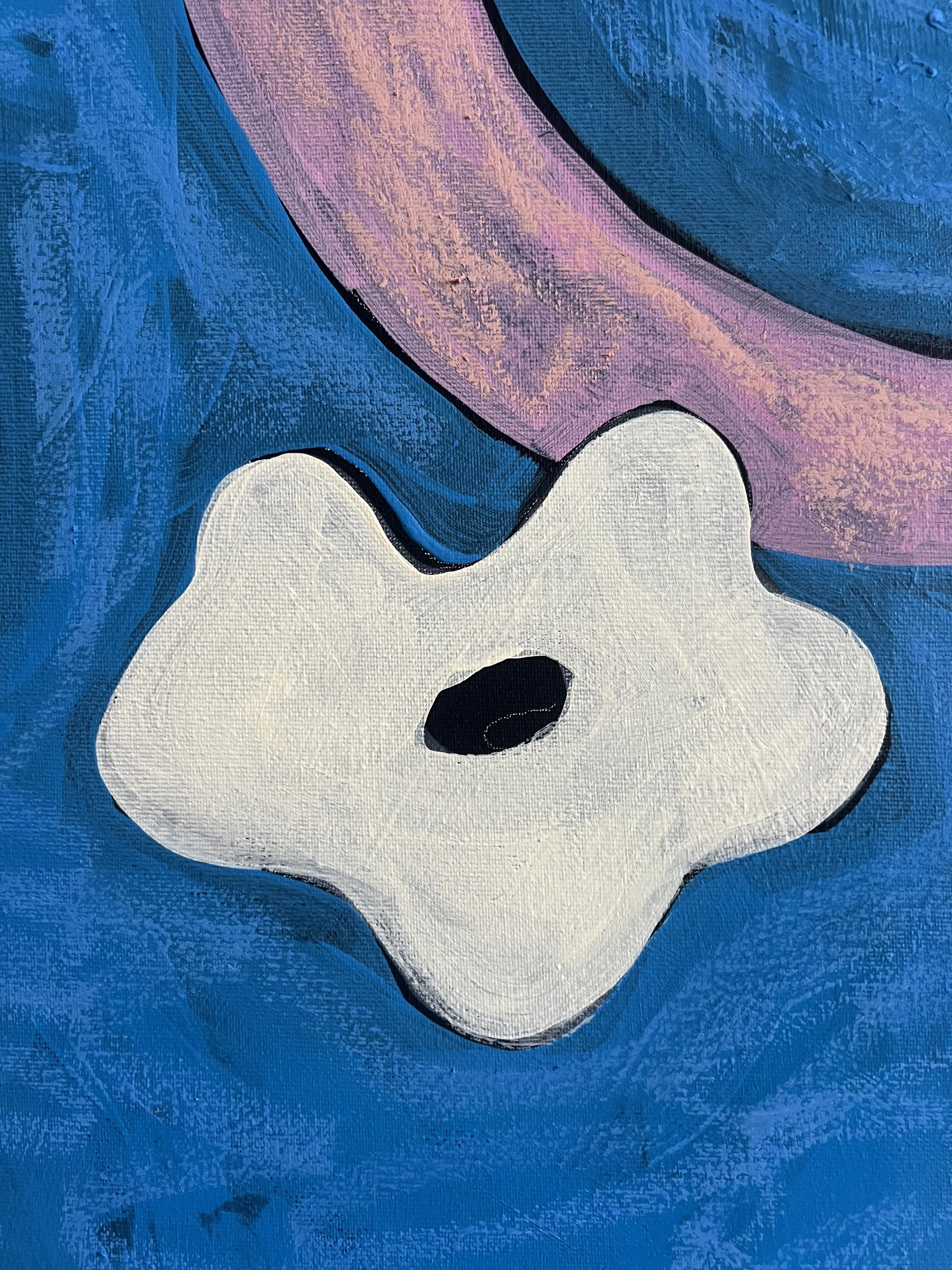 Abstraktes Gemälde mit blauen, pinken und weißen Formen und schwarzen Konturen.