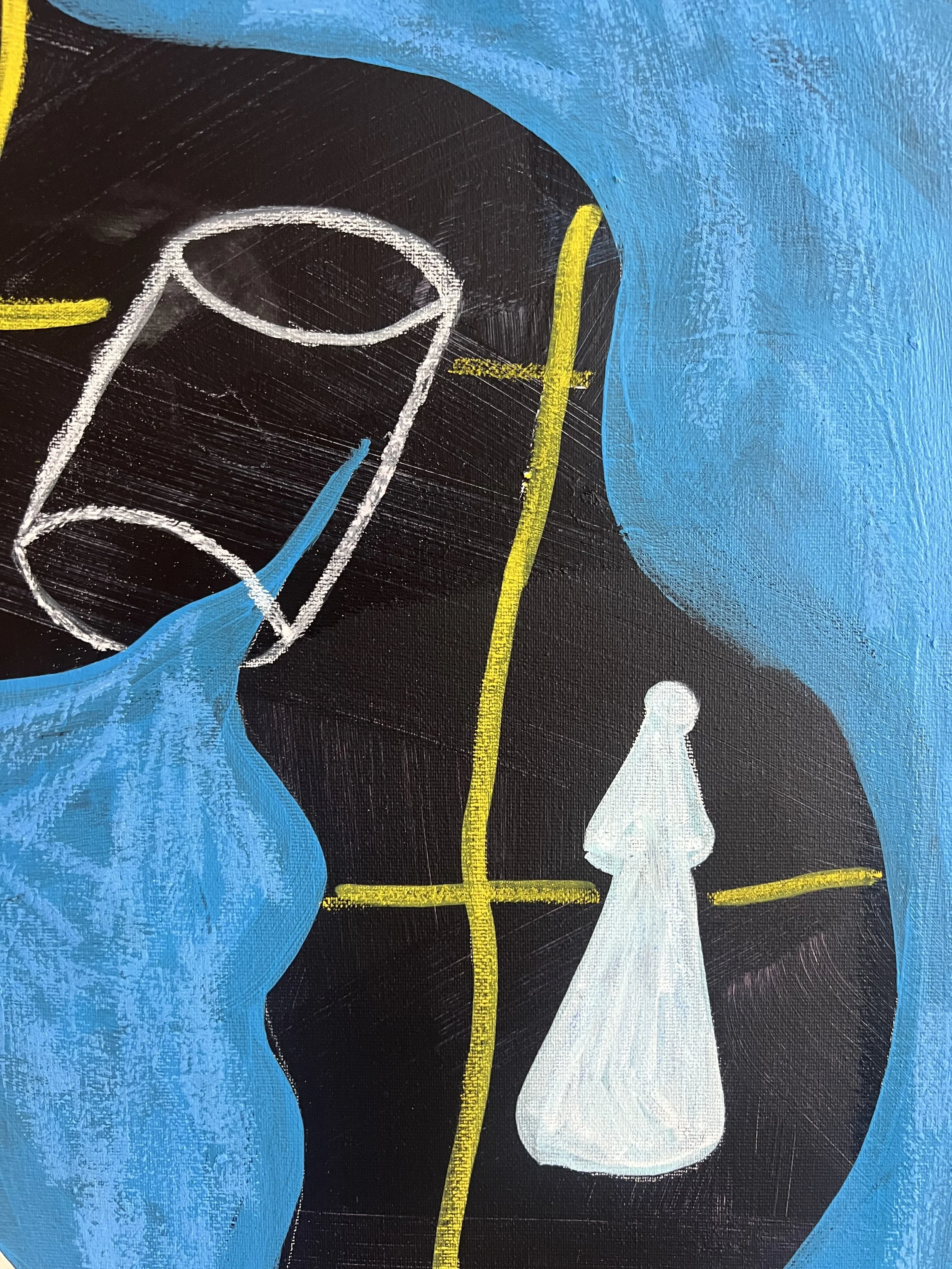 Abstrakte moderne Malerei mit blauer, schwarzer, weißer und gelber Farbgestaltung, die einen stilisierten Kopf, ein Glas und eine Figur, möglicherweise eine Frau, zeigt.