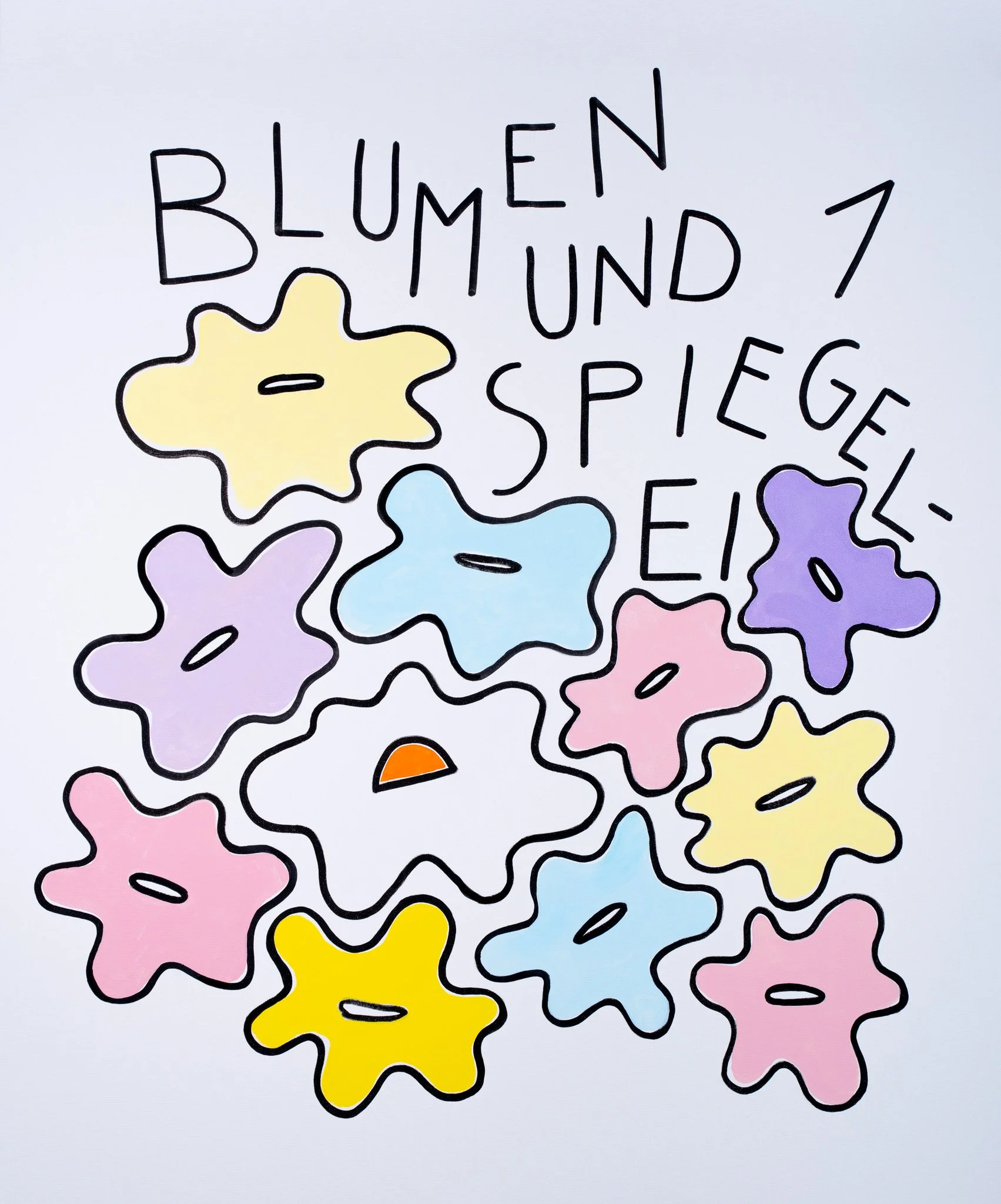 Handgezeichnetes Bild mit bunten Blumen und dem Text 'Blumen und Spiegel' in Großbuchstaben.