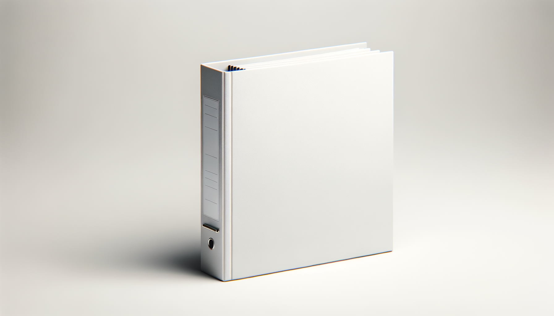 A white binder standing upright against a plain light background.