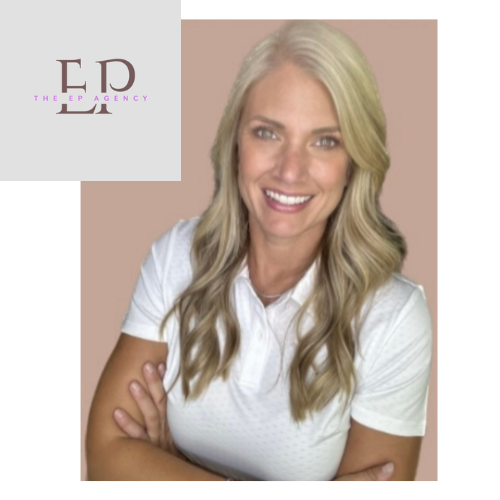 A smiling woman with long blonde hair wearing a white polo shirt, standing against a light brown background. Logo for THE EP AGENCY appears in the upper left corner.