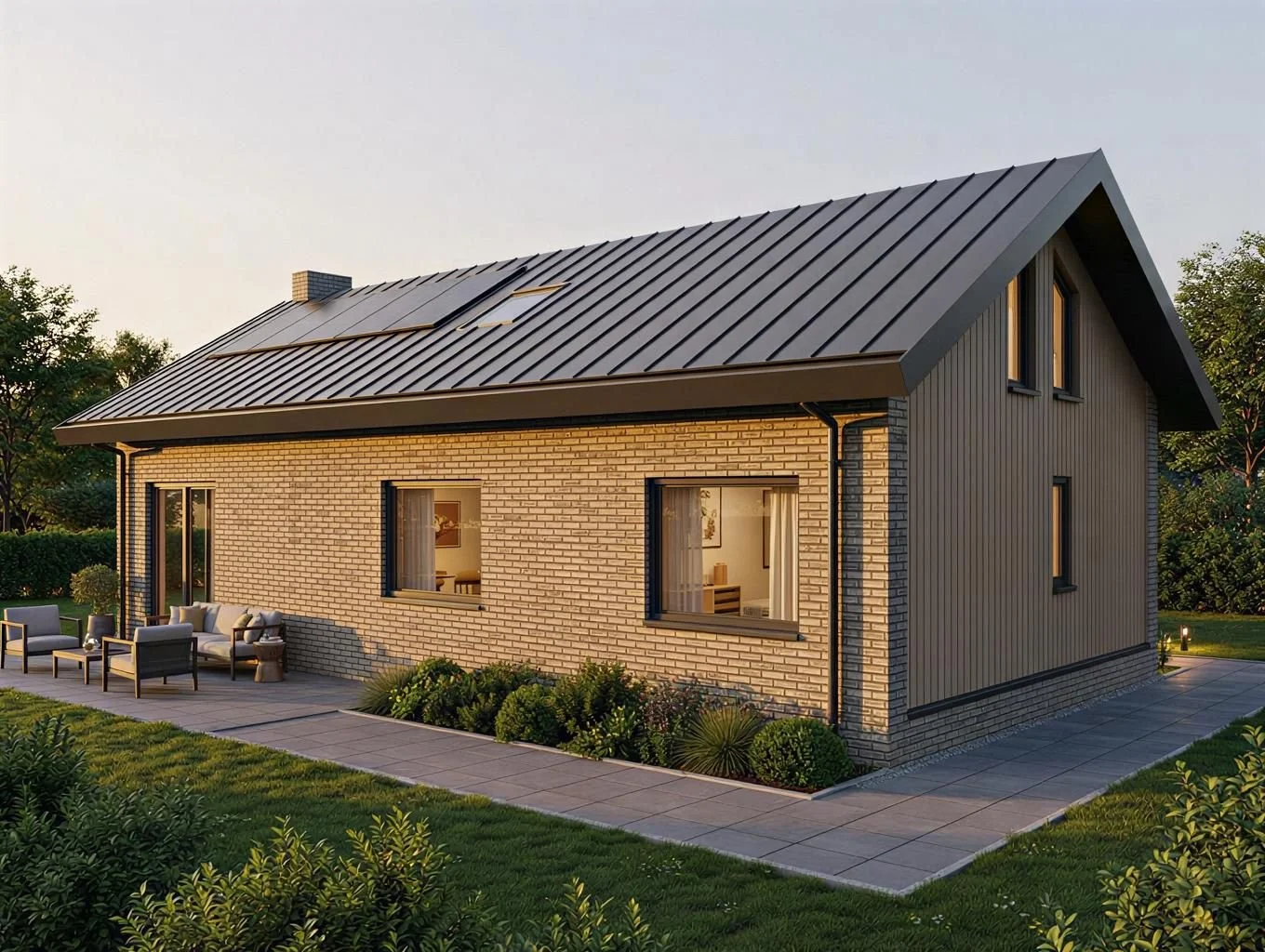 Moderne huis met een gemetselde gevel, grote ramen en een zwart metalen dak, omgeven door een tuin met zitgedeelte.