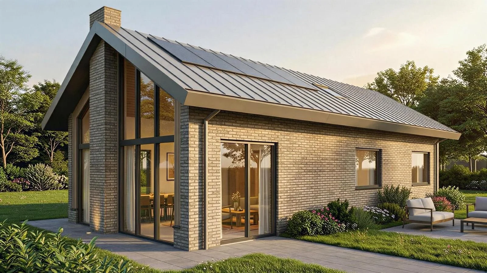 Moderne huis met grote glazen ramen, tuin met terras, gras en bloemen, zonnige dag.