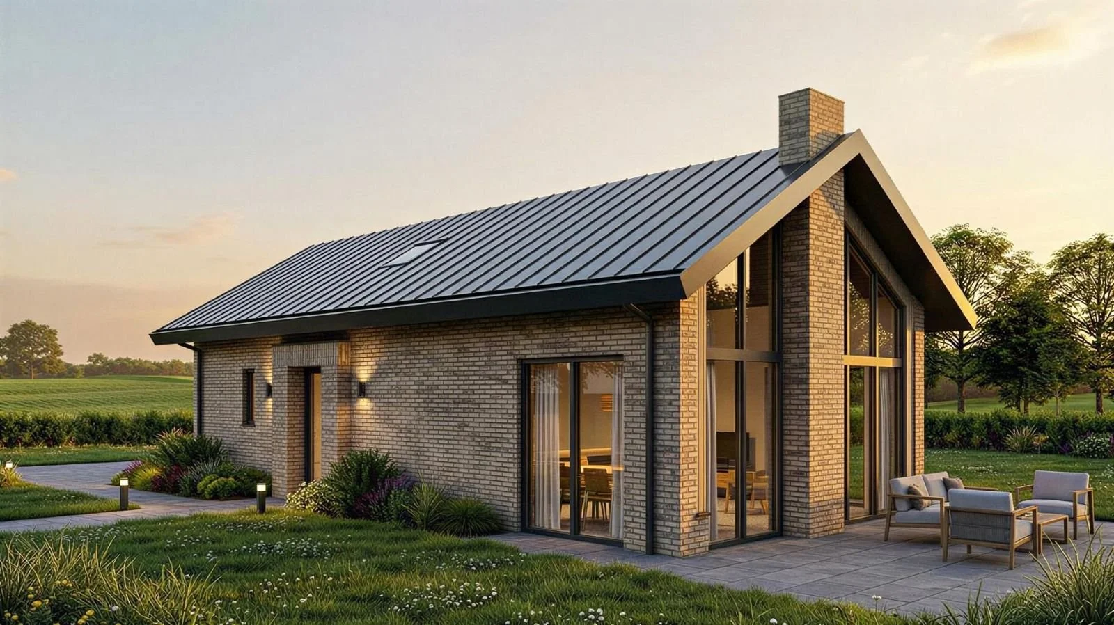 Moderne woning met grote glazen ramen, een tuin en een terras met tuinmeubilair, gefotografeerd tijdens zonsondergang.