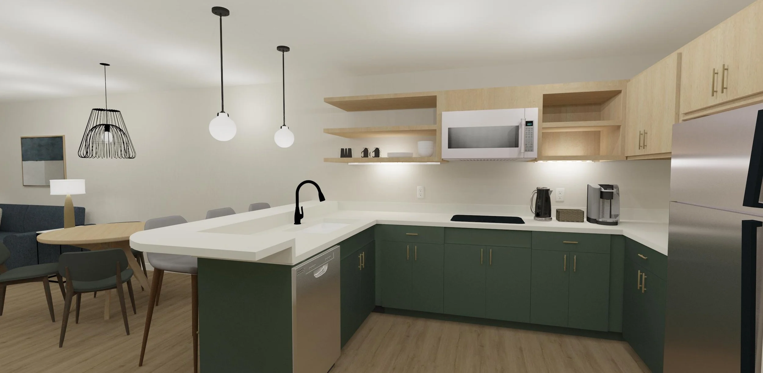Modern kitchen with green lower cabinets, white countertops, and light wood upper cabinets. Includes microwave, refrigerator, coffee maker, and electric cooktop. Open living and dining area with a round table, chairs, and pendant lighting.
