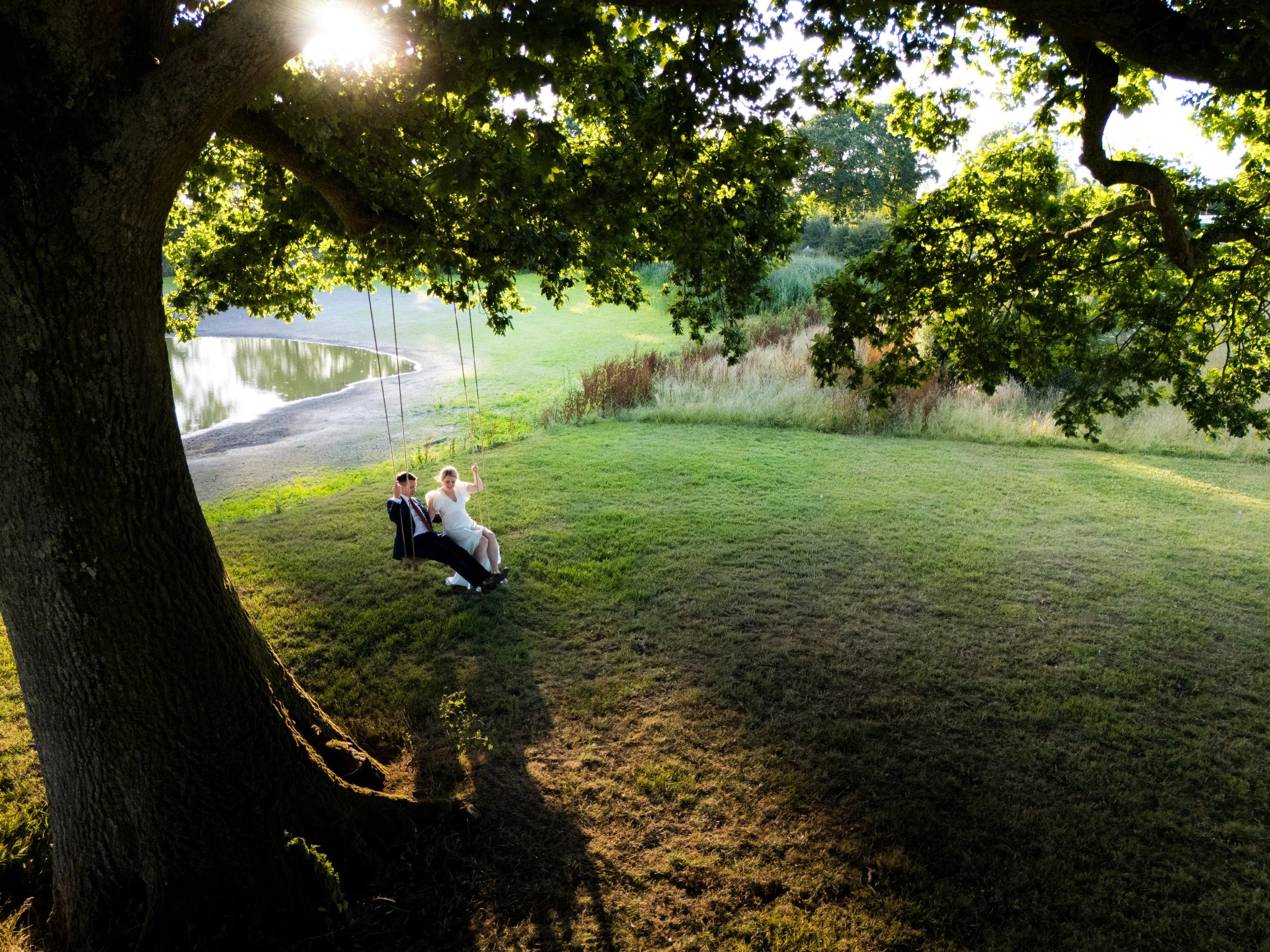 A wedding couple sitting on a swing hanging from a large tree with green leaves, by a pond, during sunset.