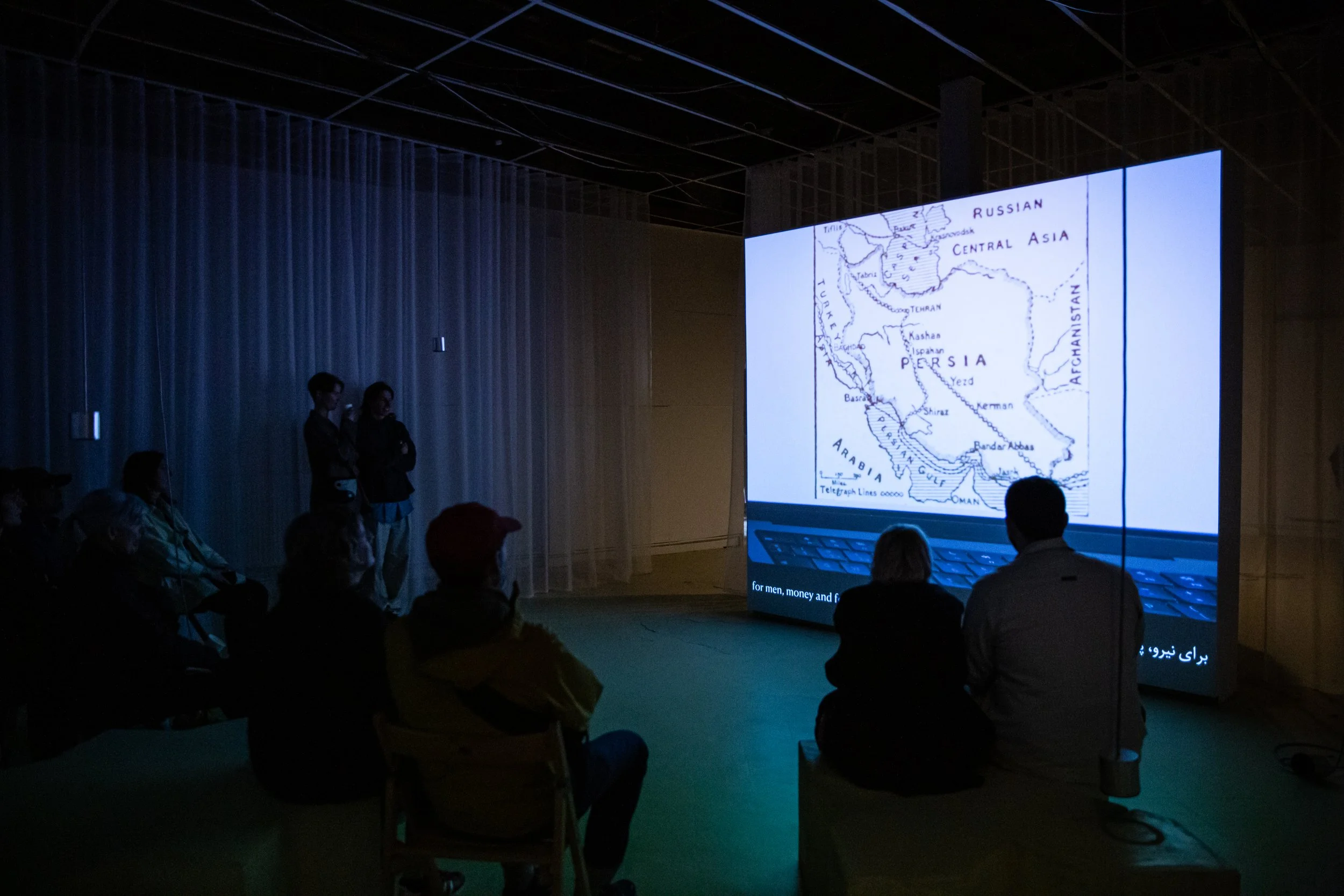 فرنگ  / Farang (2024), photo of opening event at Offline as part of Glasgow International Festival of Contemporary Art by Erika Stevenson