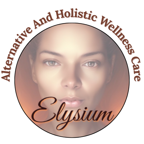 Close-up of a woman's face with neutral expression, light makeup, and dark hair. The name 'Elysiun' is written in cursive below her face.