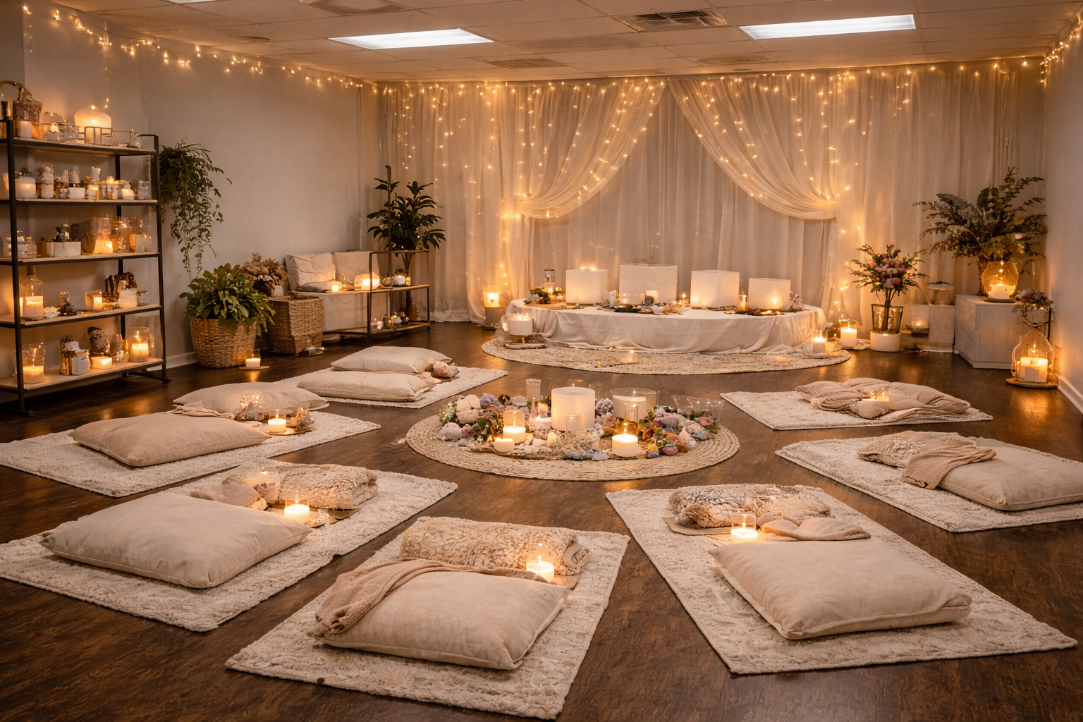 A peaceful, softly lit yoga or meditation space with cushions and candles on rugs, decorated with fairy lights, candles, plants, and flowers.