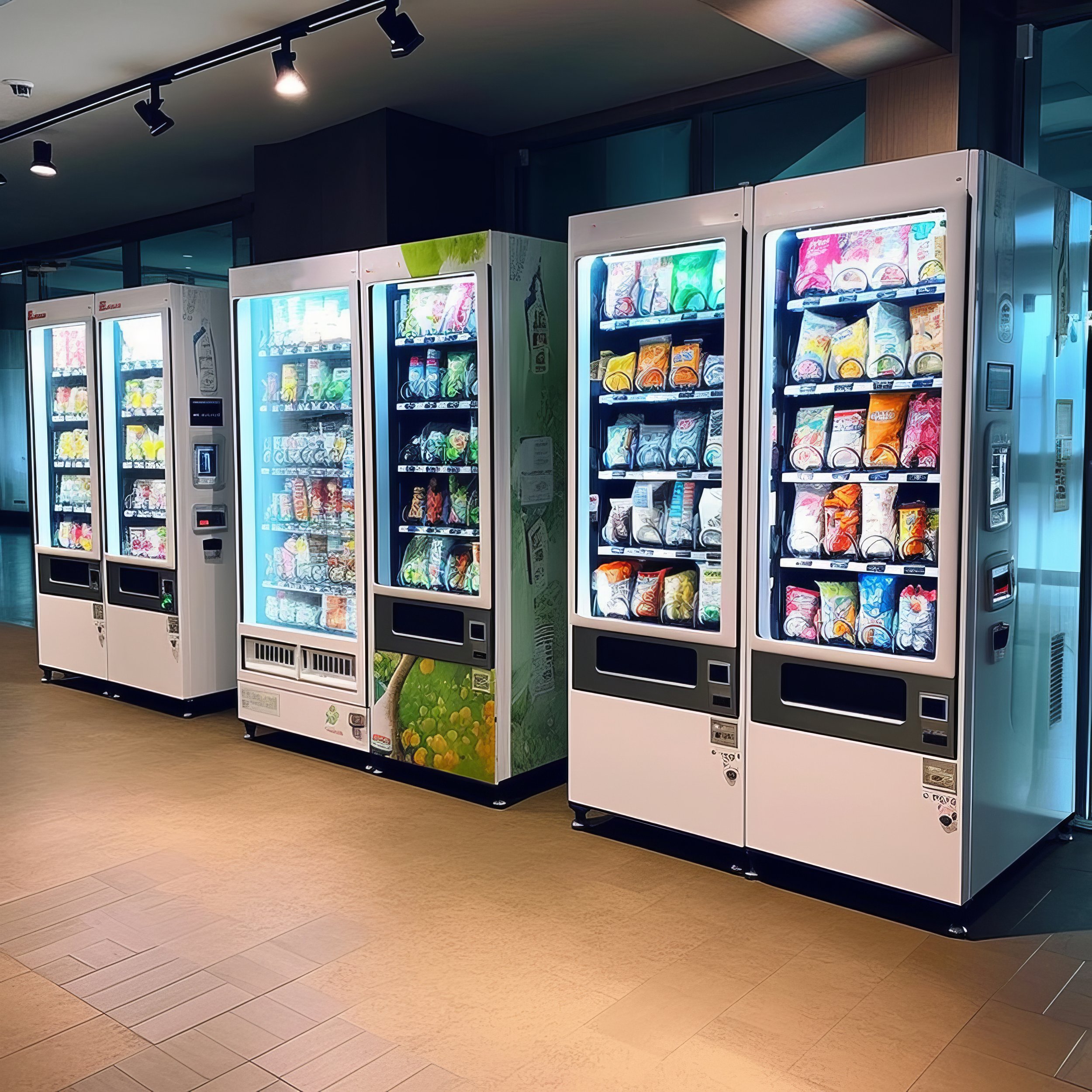 Row of five vending machines filled with snacks and drinks, located indoors on a tiled floor under ceiling lights.
